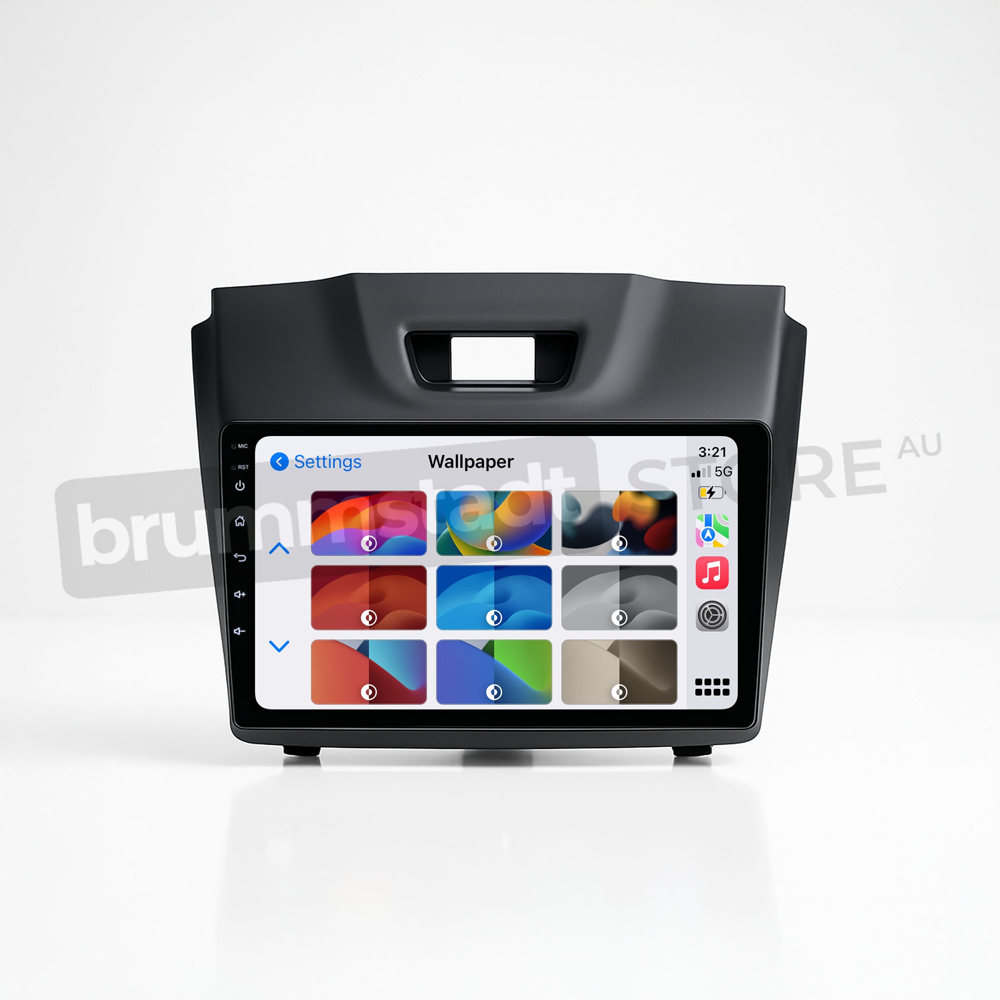 Brummstadt, Isuzu MU-X 2013-2021, features Apple CarPlay interface, showcasing a vibrant wallpaper selection screen with nine color options. The display includes settings and wallpaper icons, time shown as 3:21, battery and network indicators, and a home button. The user-friendly layout emphasizes customization and connectivity, enhancing the driving experience with seamless Apple CarPlay integration.