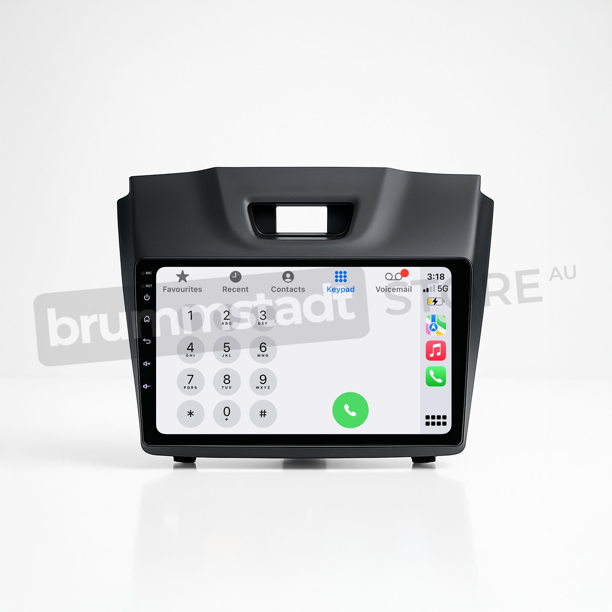 Brummstadt, Isuzu MU-X 2013-2021, Apple CarPlay interface, Isuzu MU-X head unit featuring phone keypad, call button, favorites, recent calls, contacts, voicemail icon, 3:18 time display, full network signal, battery status, sleek design, user-friendly layout, Brummstadt upgrade, enhancing driving experience with seamless Apple CarPlay integration, maximizing connectivity and convenience for Isuzu MU-X owners.