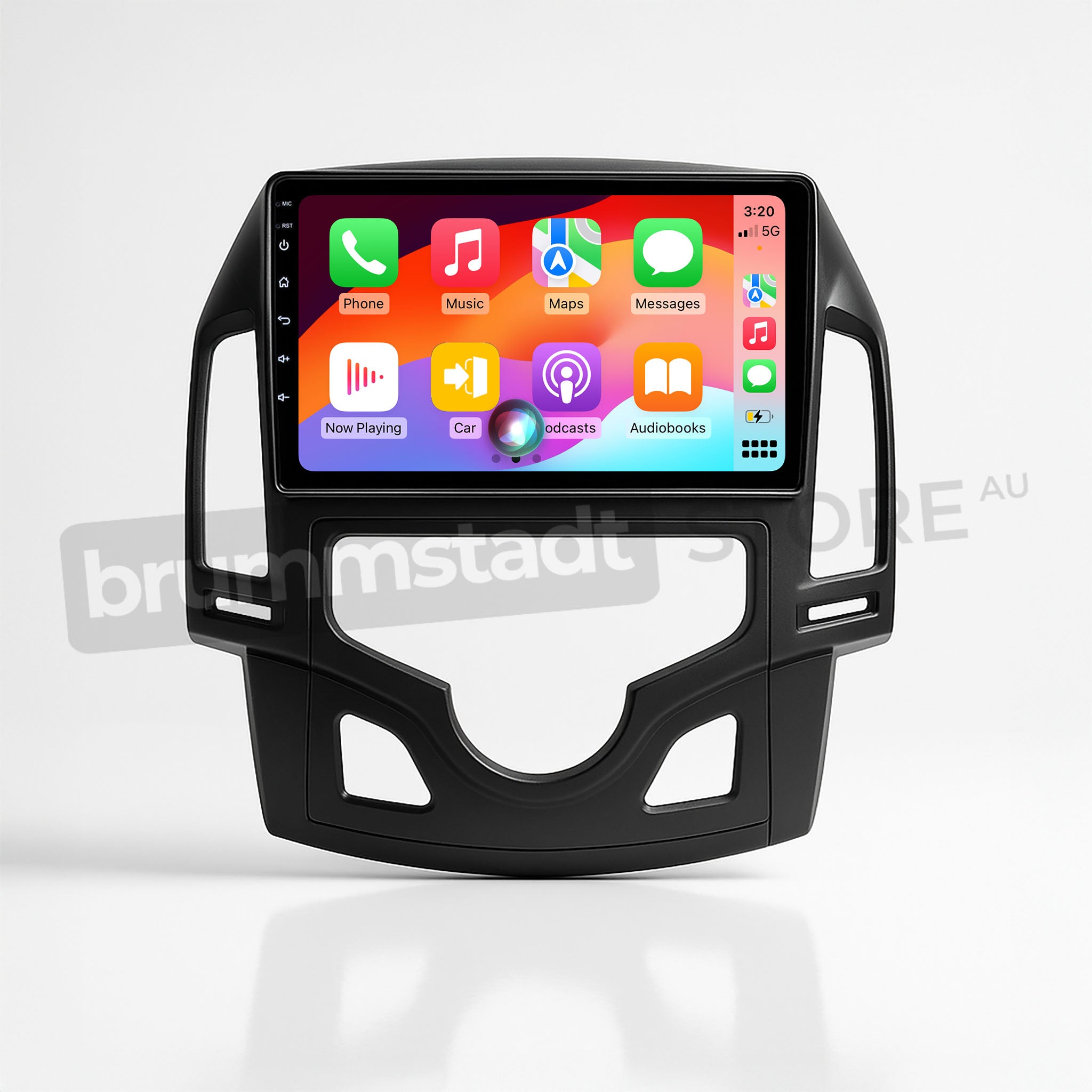 Brummstadt, Hyundai i30 2007-2012, premium head unit upgrade kit showcasing Apple CarPlay interface, Hyundai i30 2007-2012, vibrant display with apps like Phone, Music, Maps, Messages, Now Playing, Car, Audiobooks, and Settings, colorful app icons, time displayed as 3:20, signal strength indicator, battery status at 96%, user-friendly layout, sleek design, enhancing infotainment experience.