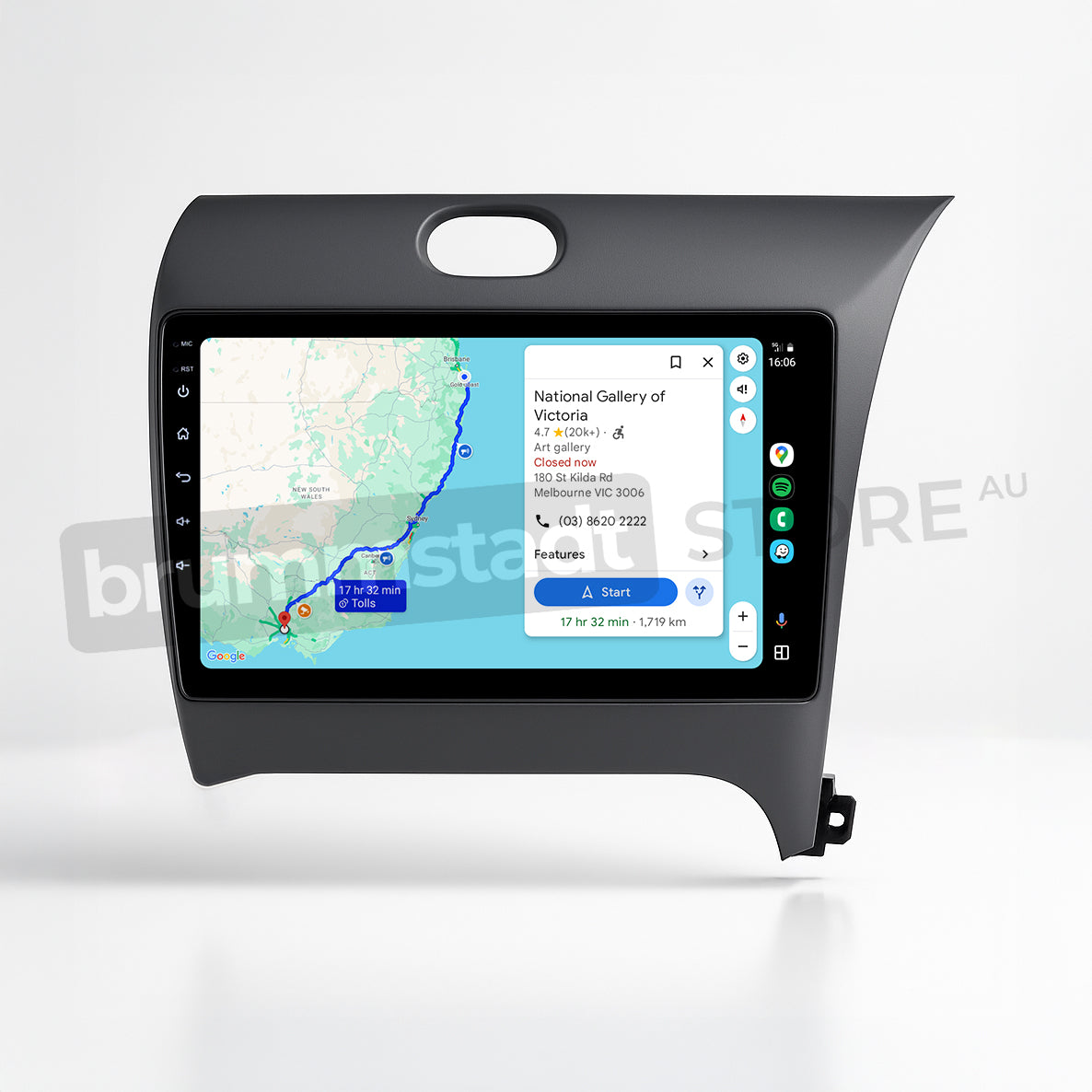 Brummstadt, Kia Cerato 2013-2018, Apple CarPlay interface, Kia Cerato, displaying Maps app with route to National Gallery of Victoria, showing travel time and distance, visible icons for phone signal, Wi-Fi, and battery status, clear layout with navigation details, user-friendly interface, enhancing driving experience with seamless smartphone integration, Kia Cerato, Brummstadt.