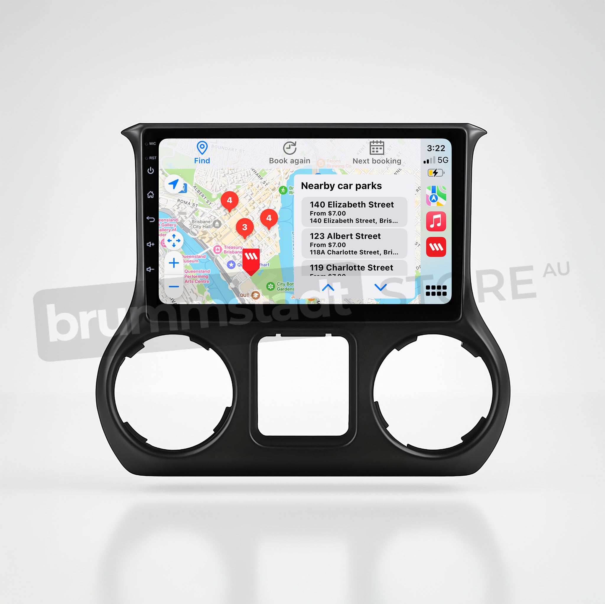 Brummstadt, Jeep Wrangler 2015-2019, premium head unit featuring Apple CarPlay, displaying a map with nearby car parks, time 3:22, Wi-Fi signal, and battery level at 50%. The interface includes a search bar, multiple app icons, and navigation options. Jeep Wrangler 2015-2019, user-friendly layout, enhancing driving experience with seamless connectivity and real-time information.