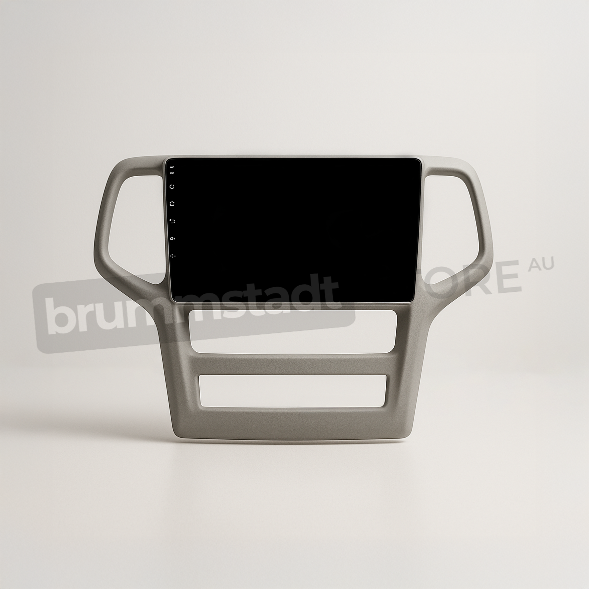 Brummstadt head unit for Jeep Grand Cherokee 2008-2013, gray frame with a large blank touchscreen, featuring side controls for volume and menu access, wireless Apple CarPlay interface visible for seamless connectivity to navigation and communication apps in Jeep Grand Cherokee interiors.
