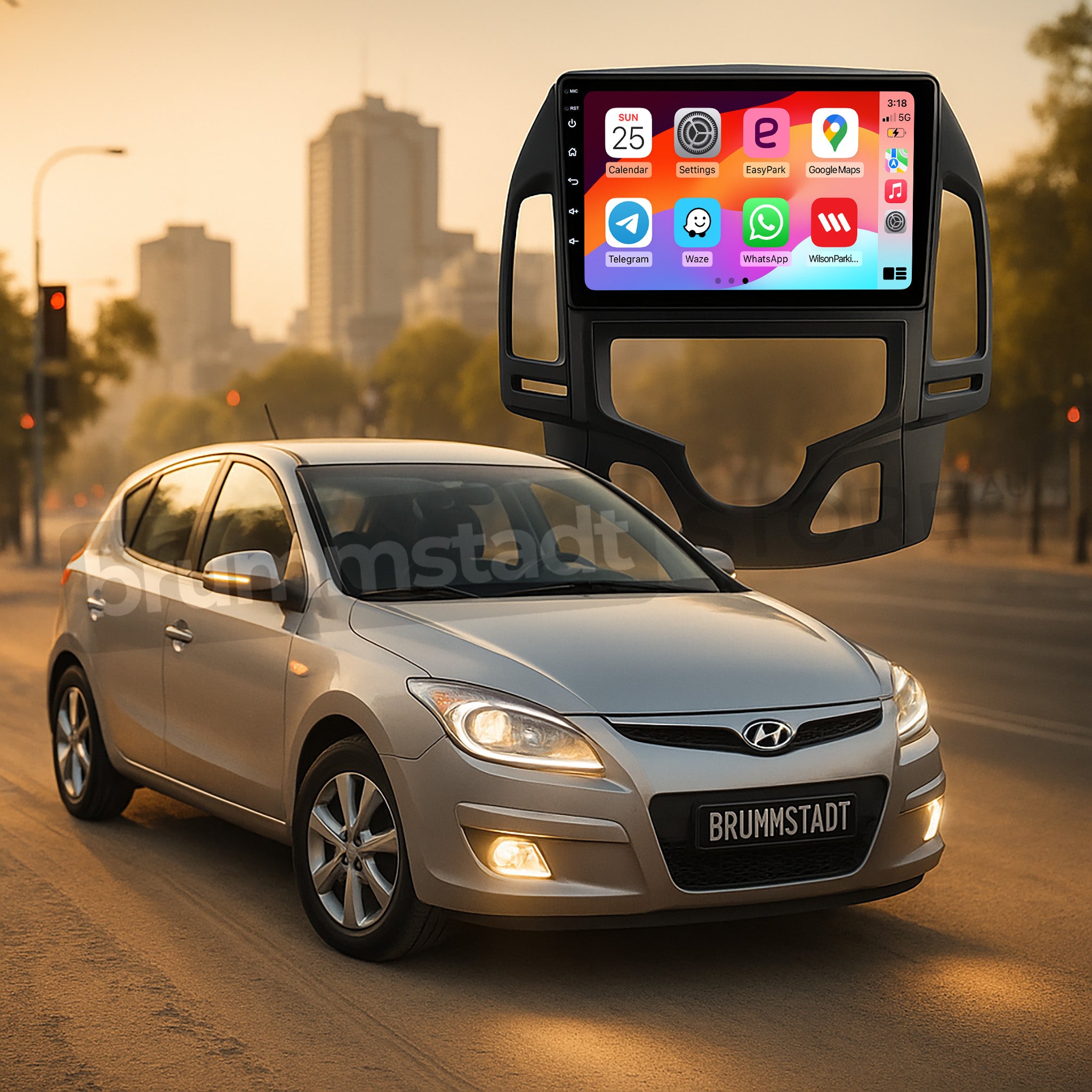 Brummstadt, Hyundai i30 2007-2012, featuring Apple CarPlay interface, Hyundai i30 2007-2012 head unit displays apps like Maps, Spotify, WhatsApp, and Phone, with clear app icons and intuitive layout. The screen shows time, date, and essential app notifications. Notable features include easy navigation and seamless connectivity, enhancing user experience with a modern infotainment system.