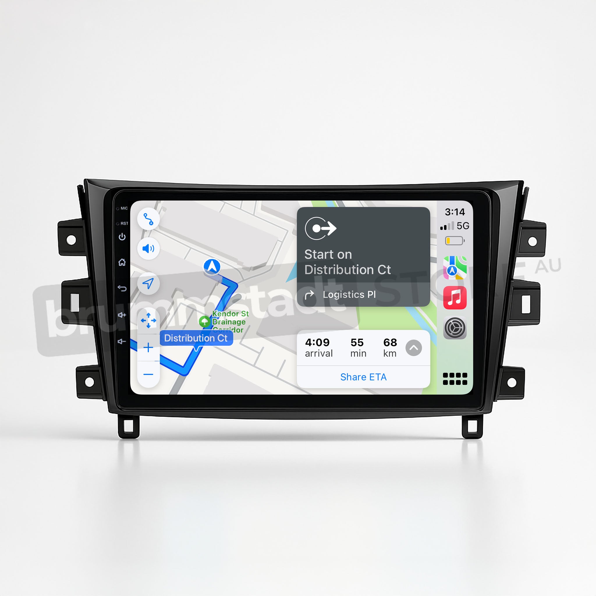 Brummstadt, Nissan Navara 2015-2020, showcasing Apple CarPlay interface, Nissan Navara 2015-2020, featuring Maps app with navigation route to Distribution Ct, arrival time 4:09, distance 55 min, 68 km, visible icons include signal strength, Wi-Fi, battery level, time 5:01, and Share ETA button, sleek design with touch interface, enhancing user experience with seamless connectivity and navigation options.