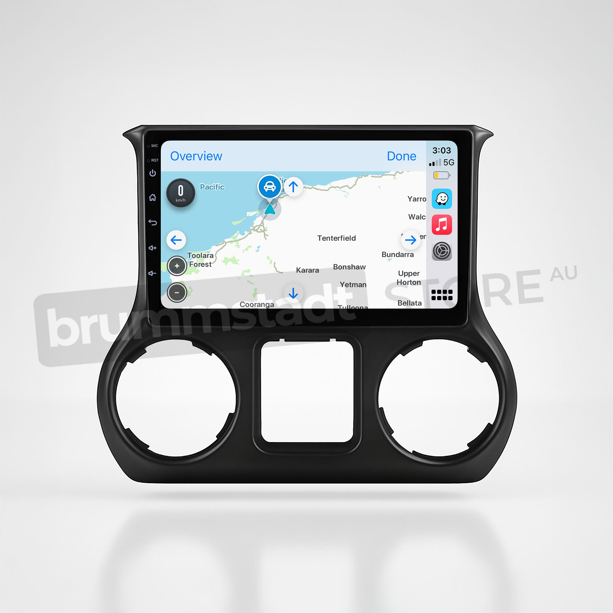 Brummstadt, Jeep Wrangler 2015-2019, premium head unit upgrade kit featuring Apple CarPlay, showcasing a detailed map interface with navigation routes, time display at 3:03, 5G network indicator, and app icons including Maps and Phone. The screen layout includes a sidebar with home and back buttons, enhancing user interaction. Jeep Wrangler 2015-2019, ideal for seamless smartphone integration and enhanced driving experience.
