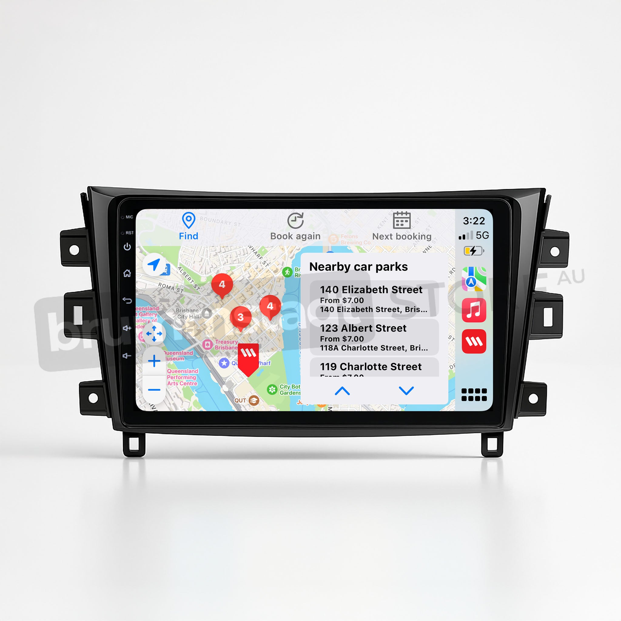 Brummstadt, Nissan Navara 2015, Nissan Navara 2015, Apple CarPlay interface, displaying Maps app with nearby car parks, time 3:22, battery full, strong network signal, clear layout with app icons, user-friendly navigation, premium infotainment system, wired and wireless Apple CarPlay compatibility, enhancing driving experience with seamless smartphone integration.