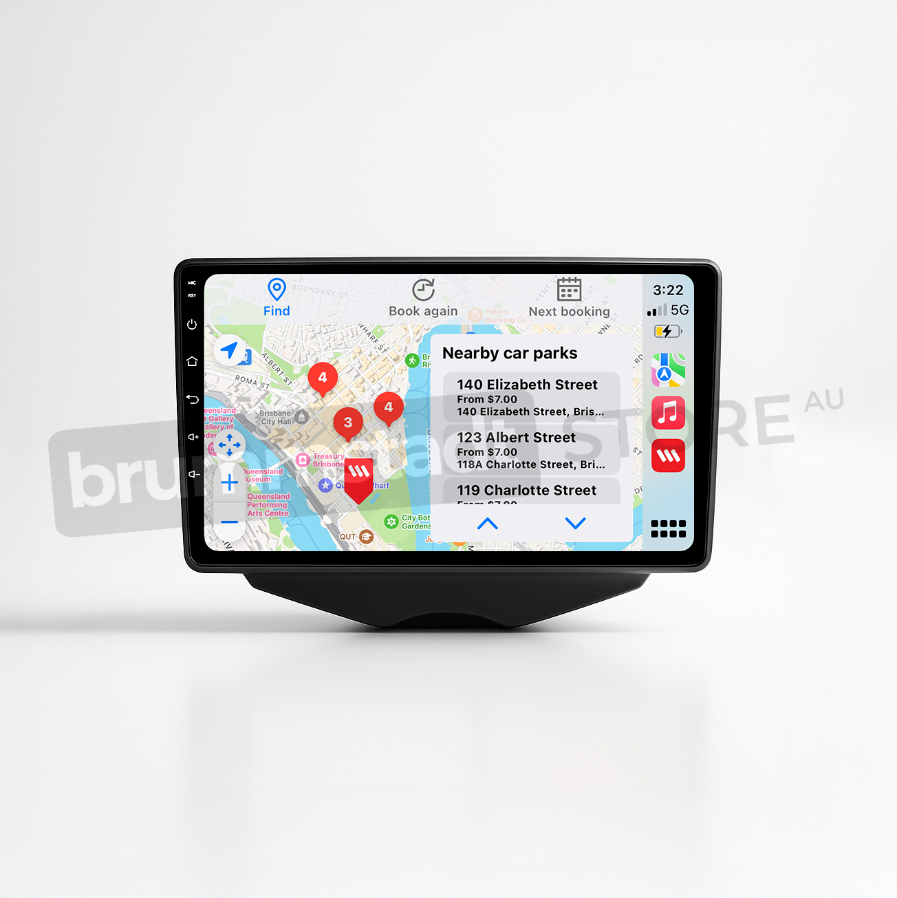 Brummstadt head unit for Hyundai Veloster 2011-2017, black frame with a capacitive touchscreen interface displaying Apple CarPlay, featuring Google Maps showing nearby car parks, as well as WhatsApp and other recognized apps for navigation and communication, suitable for use in Hyundai Veloster vehicles.