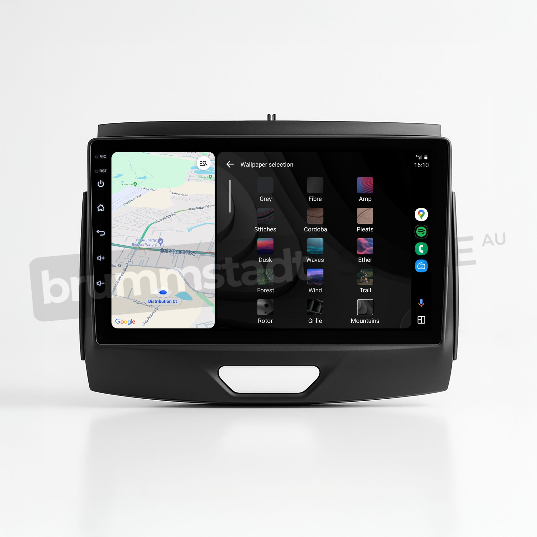 Brummstadt, Ford Ranger 2015-2022, featuring Apple CarPlay interface, Ford Ranger 2015-2022, displaying Google Maps on the left side with navigation route visible, right side showing wallpaper selection with various color options like Grey, Stitches, Cordoba, and more, time displayed as 16:10, sleek design with touch interface, ideal for enhancing driving experience with seamless smartphone integration.