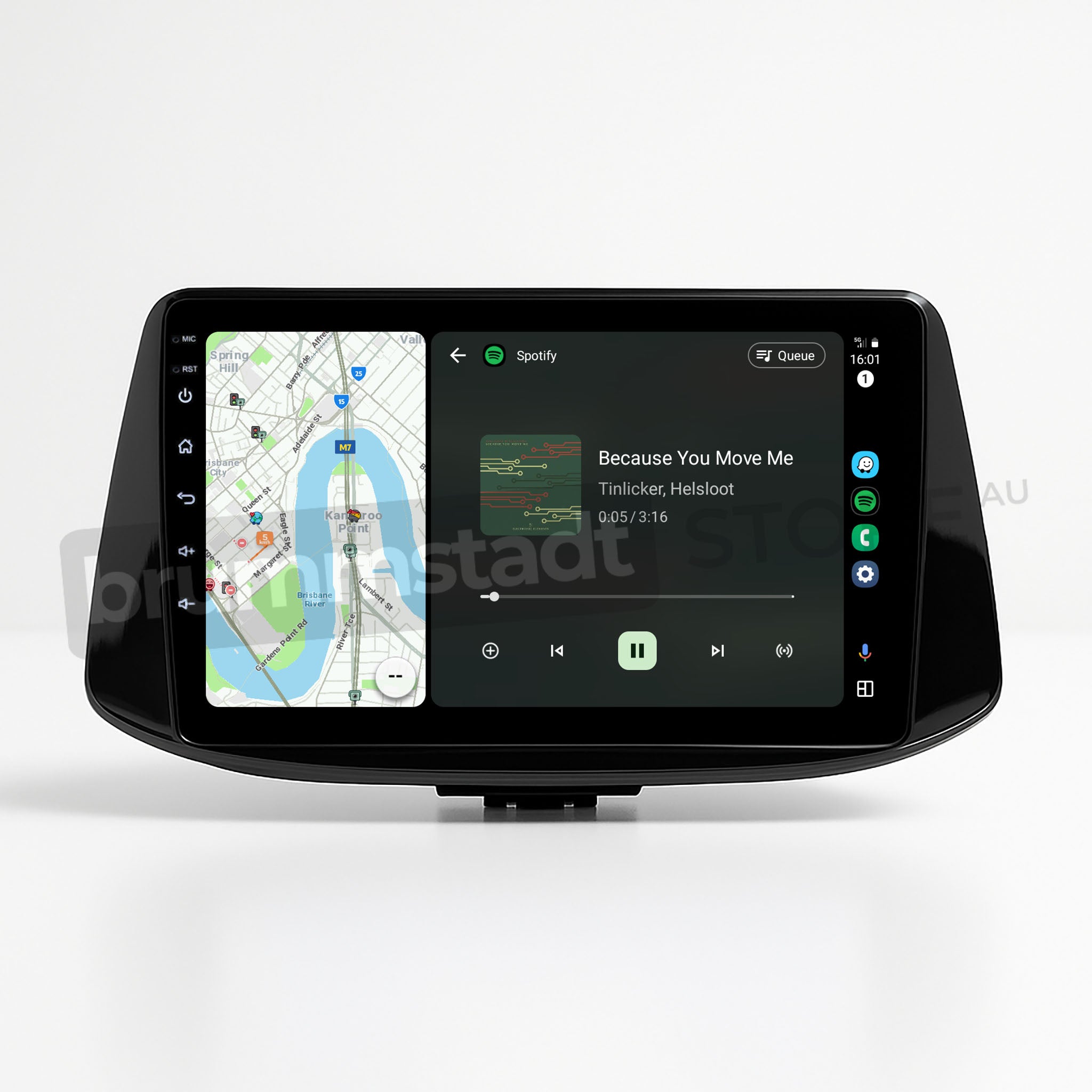 Brummstadt, Hyundai i30 2017-2022, Android Auto interface, Hyundai i30 2017-2022, split-screen display showing Google Maps on the left with navigation route and Spotify on the right playing "Because You Move Me" by Tinlicker, Helloset. Visible icons include home, phone, messages, and music. Top-right corner displays time as 16:01. User-friendly interface with clear app icons and navigation features.