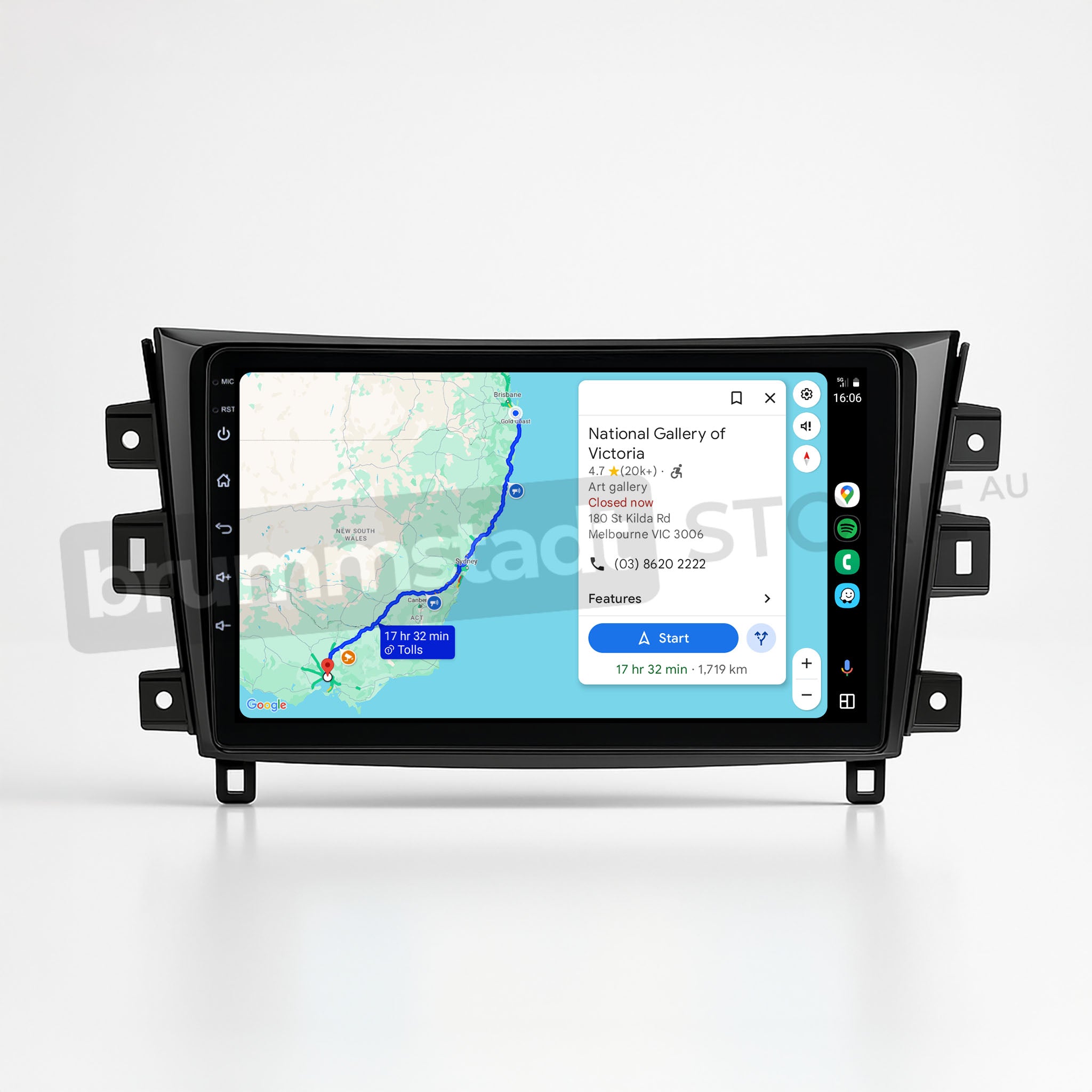 Brummstadt, Nissan Navara 2015-2020, displaying Apple CarPlay interface, featuring navigation with Maps app showing route details, estimated time, and distance. Visible elements include destination details, start button, and map zoom controls. The screen shows a clean, user-friendly layout, enhancing driving experience with seamless integration of smartphone functionalities.