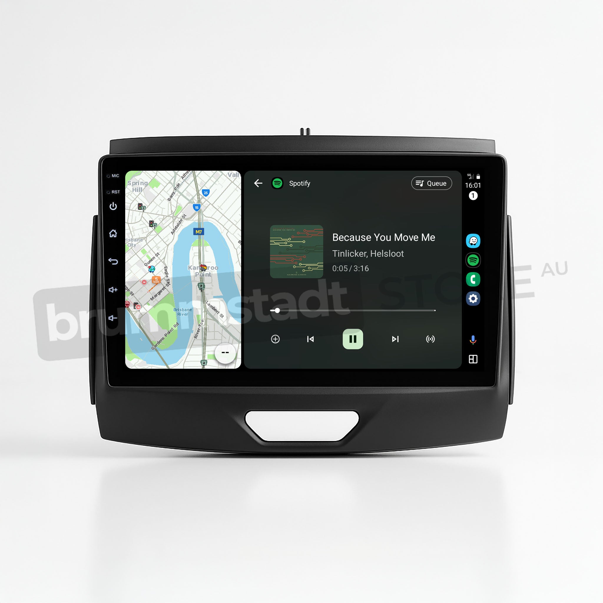 Brummstadt, Ford Ranger 2015-2022, showcasing Apple CarPlay interface, Ford Ranger 2015-2022, with visible apps including Maps and Spotify, featuring a map display on the left and music playback on the right, displaying song "Because You Move Me" by Tinlicker & Helsloot, time 16:01, with icons for home, phone, messages, and settings on the right, highlighting user-friendly navigation and entertainment options.