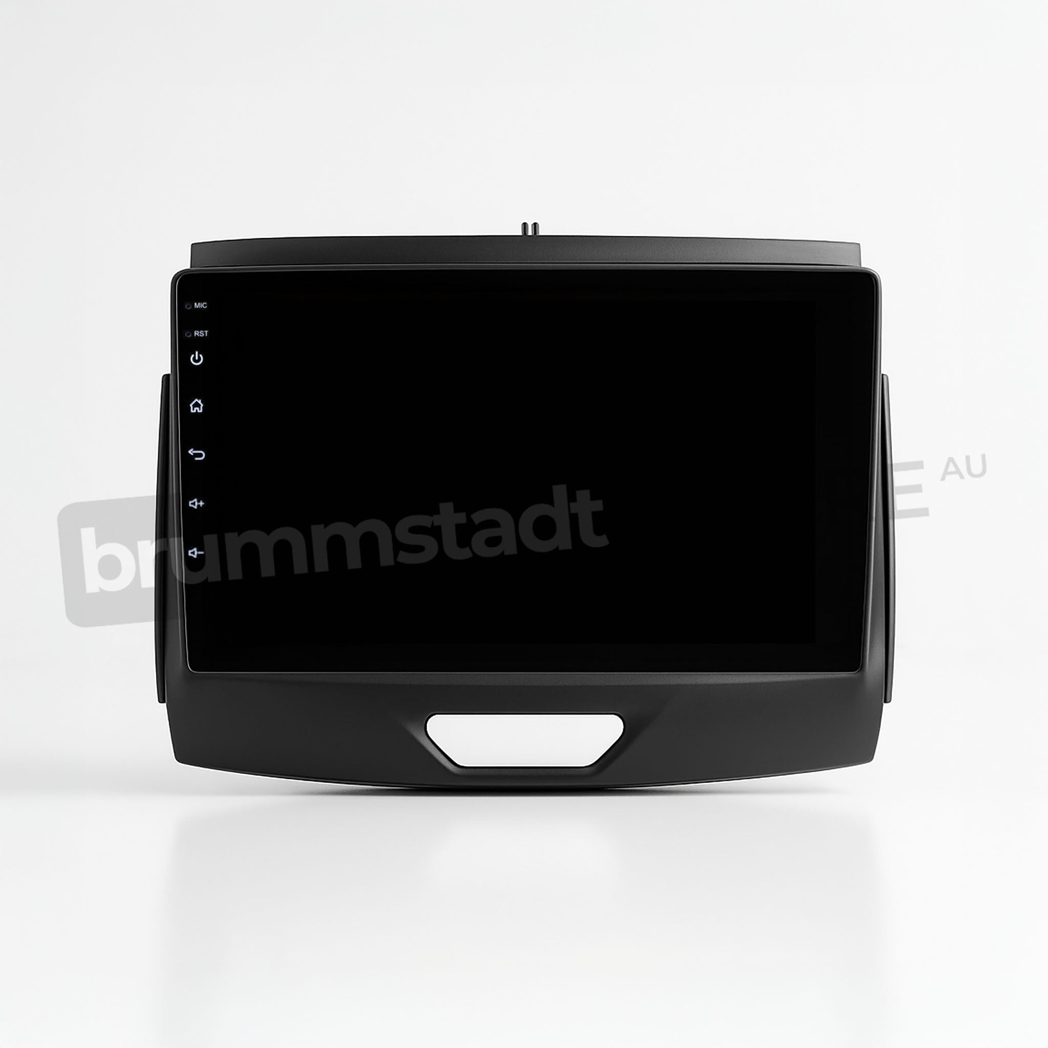 Brummstadt, Ford Ranger 2015-2022, premium head unit upgrade kit, radio infotainment system, Ford Ranger 2015-2022, Brummstadt, visible black screen, no UI elements, sleek design, potential for Apple CarPlay and Android Auto compatibility, modern dashboard enhancement, user-friendly interface, ideal for tech-savvy drivers, enhances driving experience, factory dashboard appearance, no visible apps or icons, blank display, ready for installation.