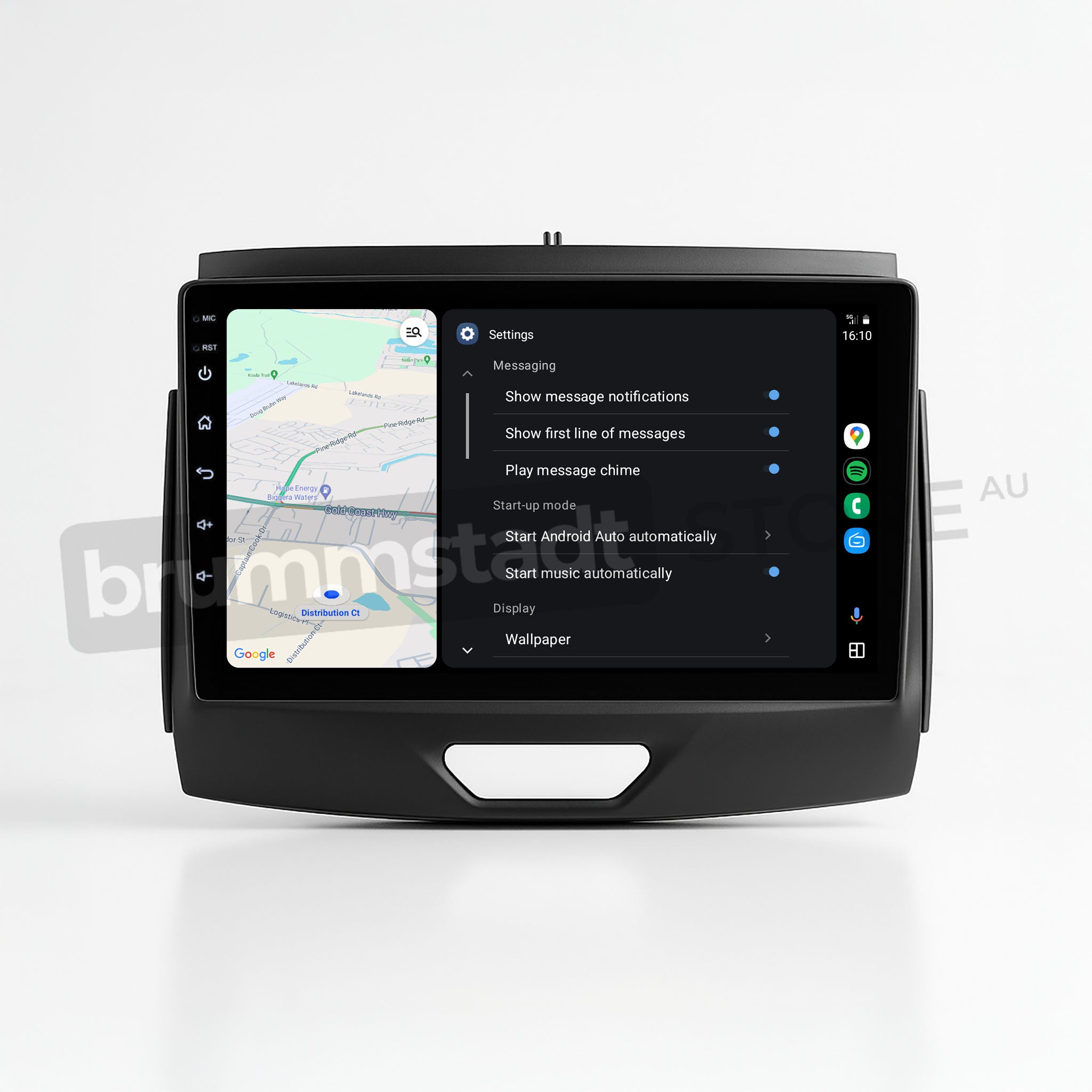Brummstadt, Ford Ranger 2015-2022, Ford Ranger head unit displaying Android Auto interface, featuring Google Maps on the left with a navigation route, settings menu on the right with options like messaging notifications, message preview, and music playback settings, time displayed as 16:10, sleek black bezel design, user-friendly layout, enhancing driving experience with seamless connectivity and intuitive controls.