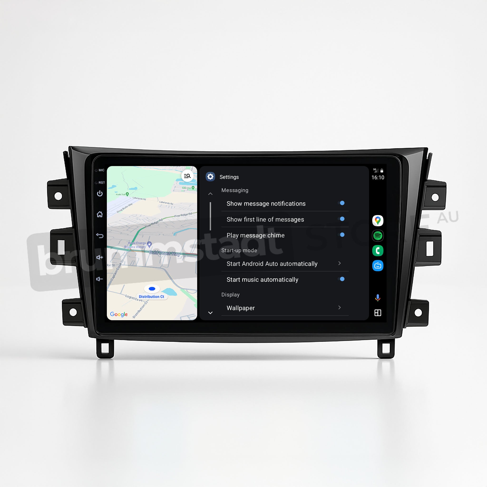 Brummstadt, Nissan Navara 2015-2016, Android Auto interface on Nissan Navara, showcasing Google Maps navigation, settings menu with options like messaging notifications, play message chime, and automatic start features, sleek touchscreen display, user-friendly layout, essential for seamless driving experience, enhancing infotainment with Android Auto, Brummstadt premium upgrade.