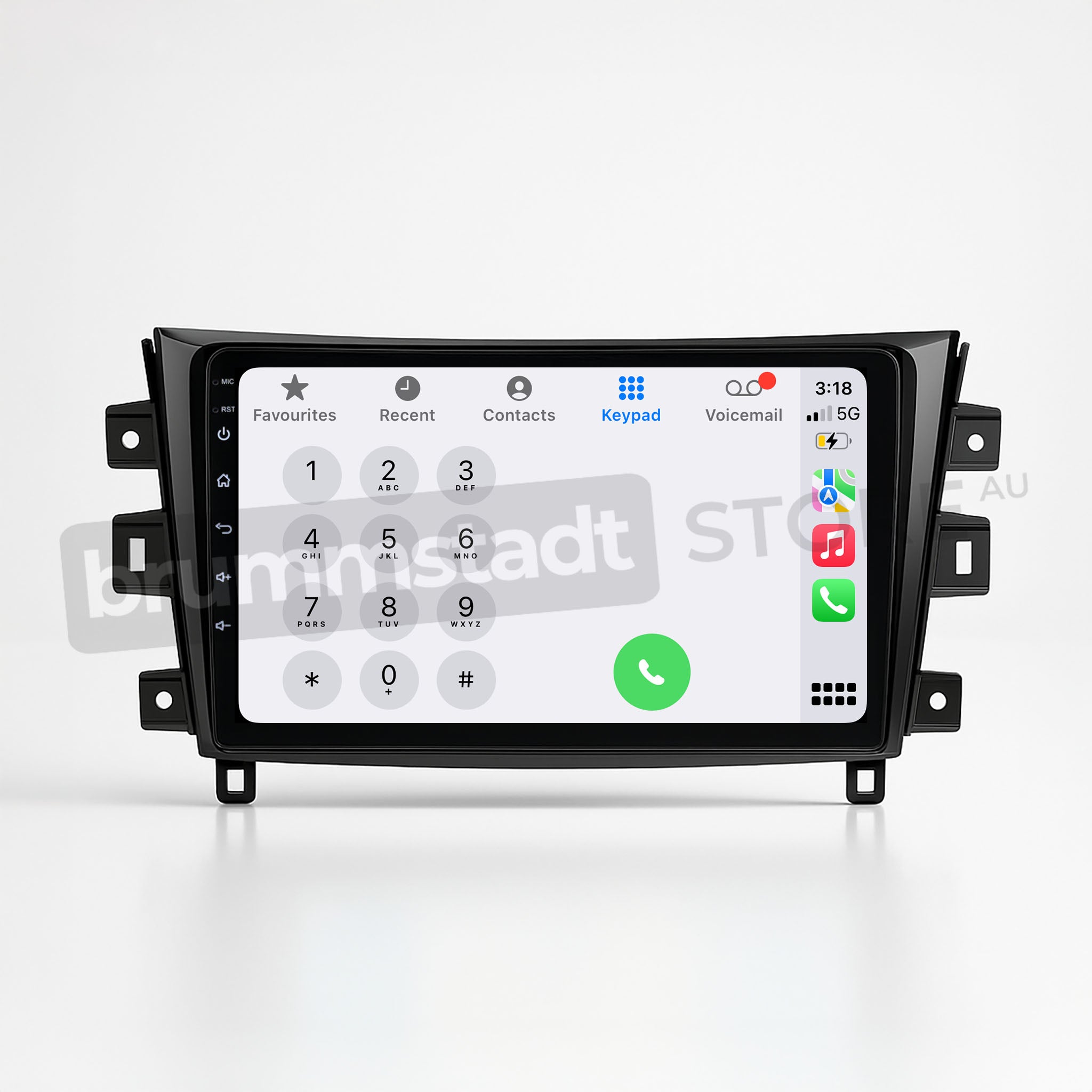 Brummstadt, Nissan Navara 2015-2020, featuring Apple CarPlay, Nissan Navara 2015-2020, with a sleek interface displaying phone keypad, favorites, recent calls, contacts, and voicemail. Visible icons include phone, messages, music, and maps. The top bar shows time, signal strength, and battery status. The intuitive layout enhances user experience with easy access to essential apps and information.