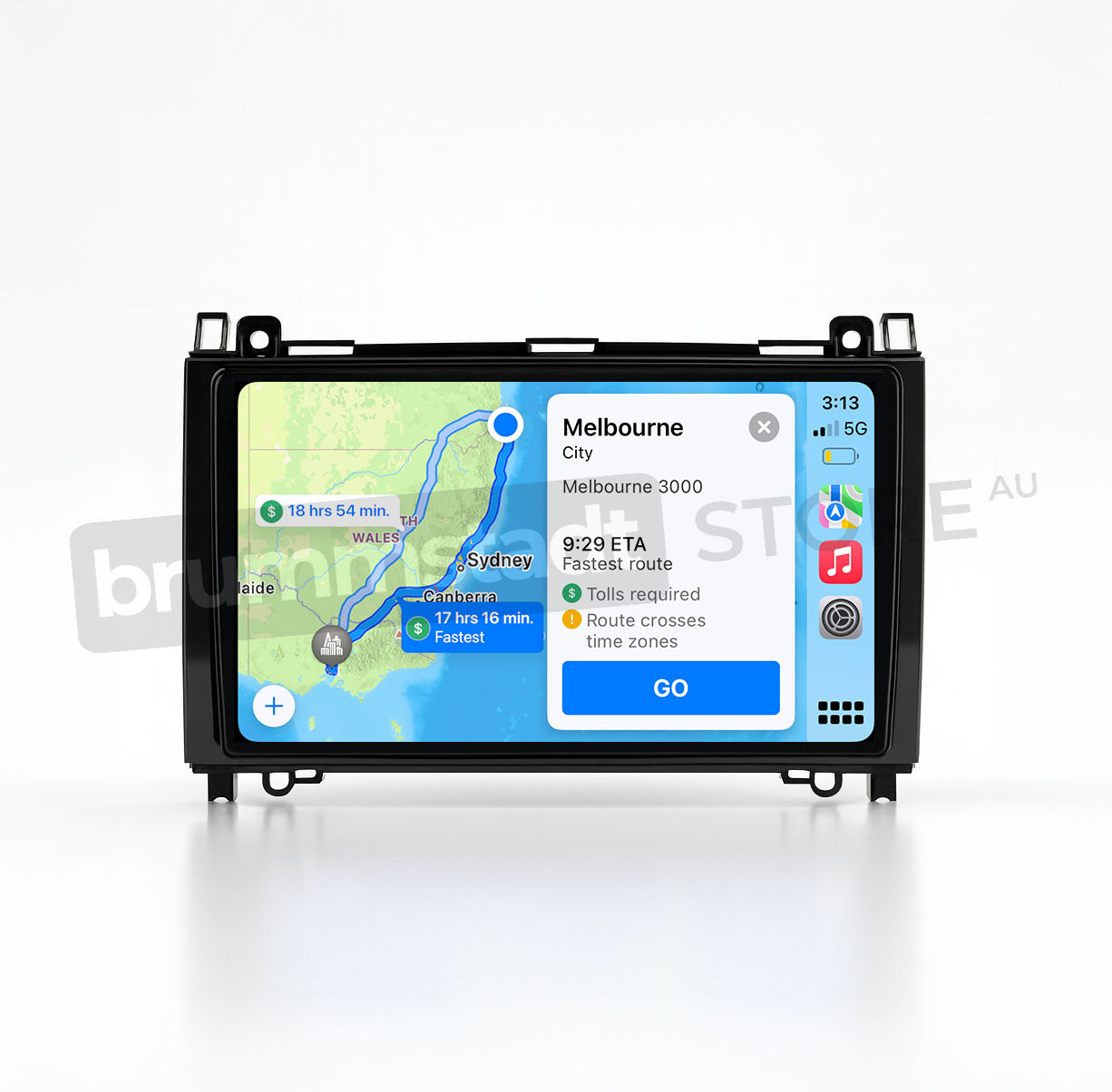 Brummstadt, Mercedes Benz Sprinter 2007-2018, Apple CarPlay interface, displaying navigation map with route from Sydney to Melbourne, ETA 9:29, fastest route highlighted, time 3:13, battery 51%, 5G network, clear layout with 'Go' button, user-friendly navigation, Mercedes Benz Sprinter, Brummstadt, ideal for seamless travel experience.
