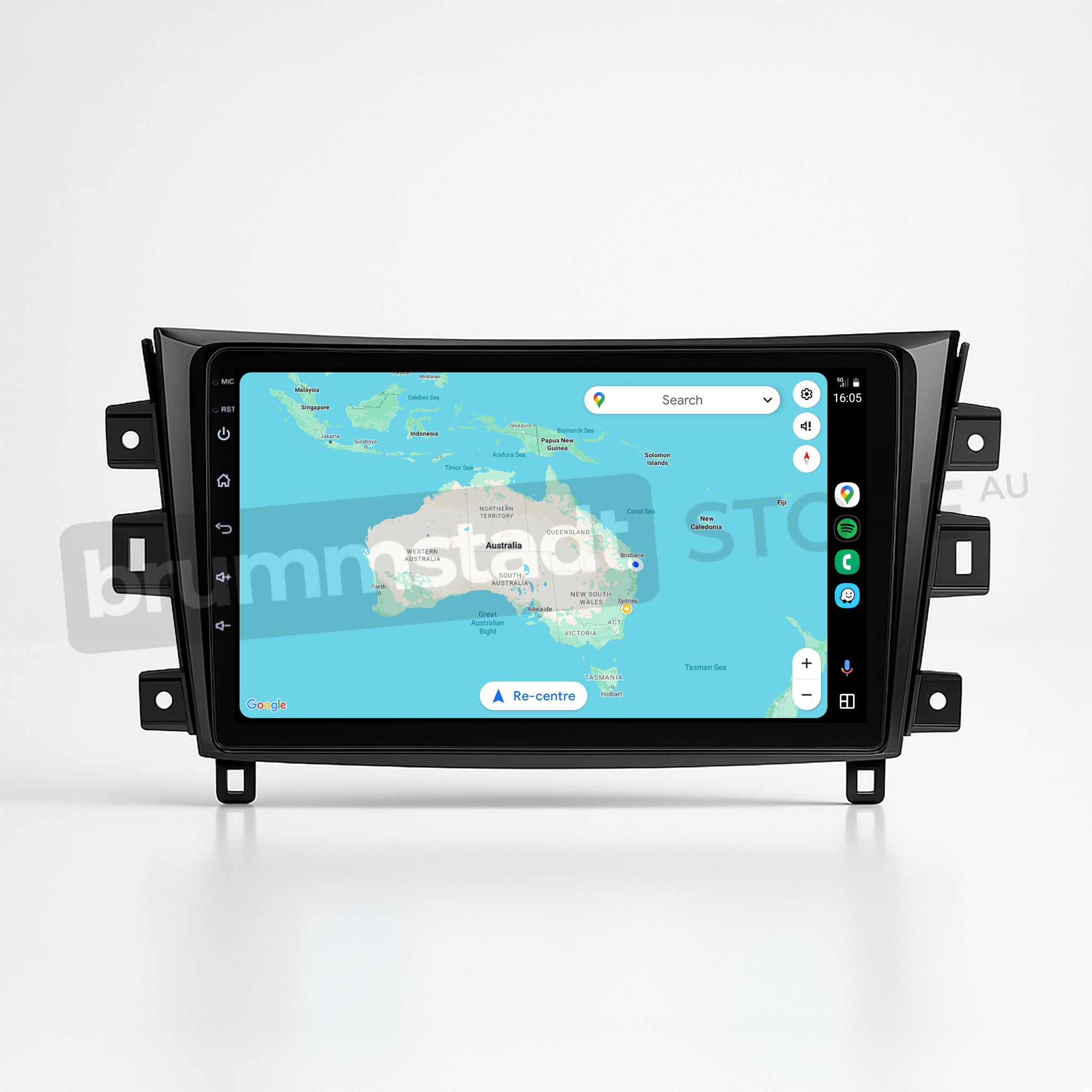 Brummstadt, Nissan Navara 2015, Android Auto interface on Nissan Navara 2015, featuring Google Maps with a map of Australia, search bar, and location pin. Visible icons include Google Assistant, phone, messages, and music apps on the left sidebar. Time displayed as 16:05. The head unit offers a sleek, user-friendly design, enhancing driving experience with seamless navigation and connectivity options.