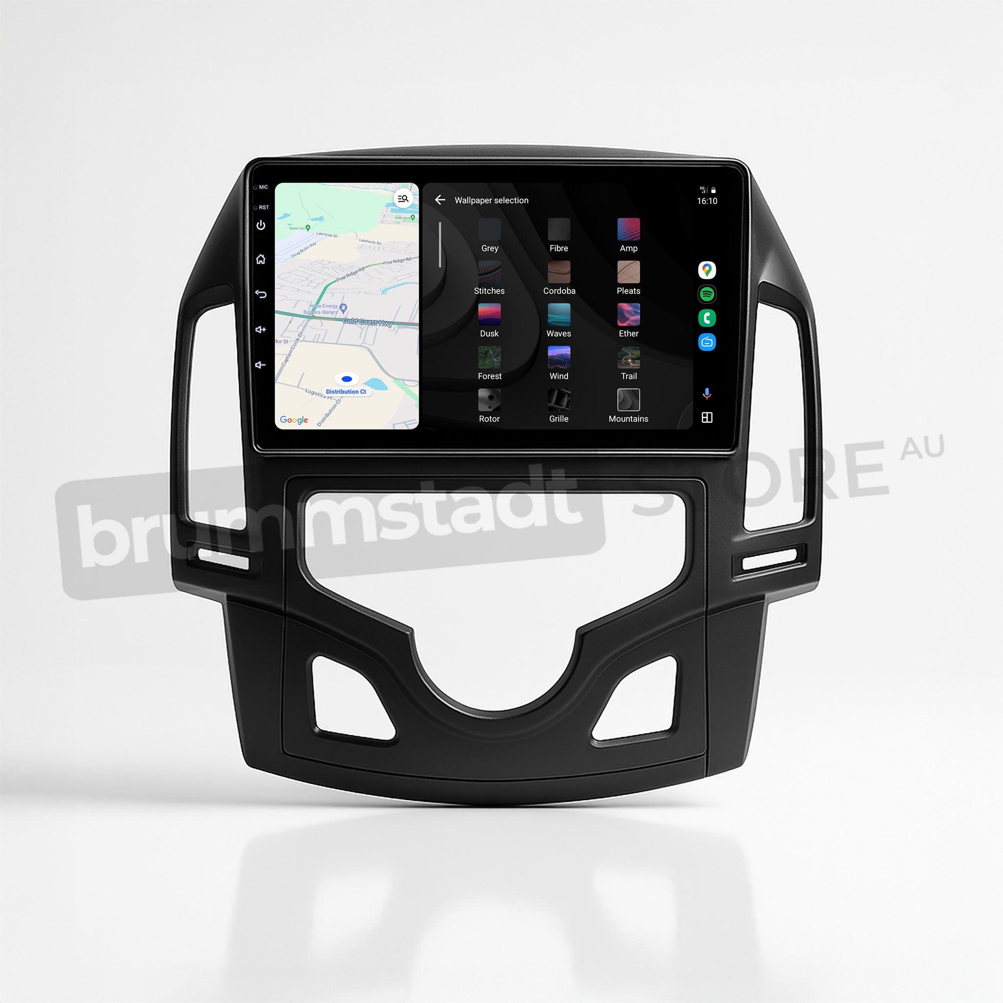 Brummstadt, Hyundai i30 2007-2012, premium head unit upgrade kit featuring Apple CarPlay, Hyundai i30 2007-2012, visible UI elements include a map display on the left side, wallpaper selection options on the right, and icons for various apps like Maps, Phone, and Music. The layout showcases a sleek, modern design with a focus on user-friendly navigation and connectivity, enhancing the infotainment experience with both wired and wireless capabilities.