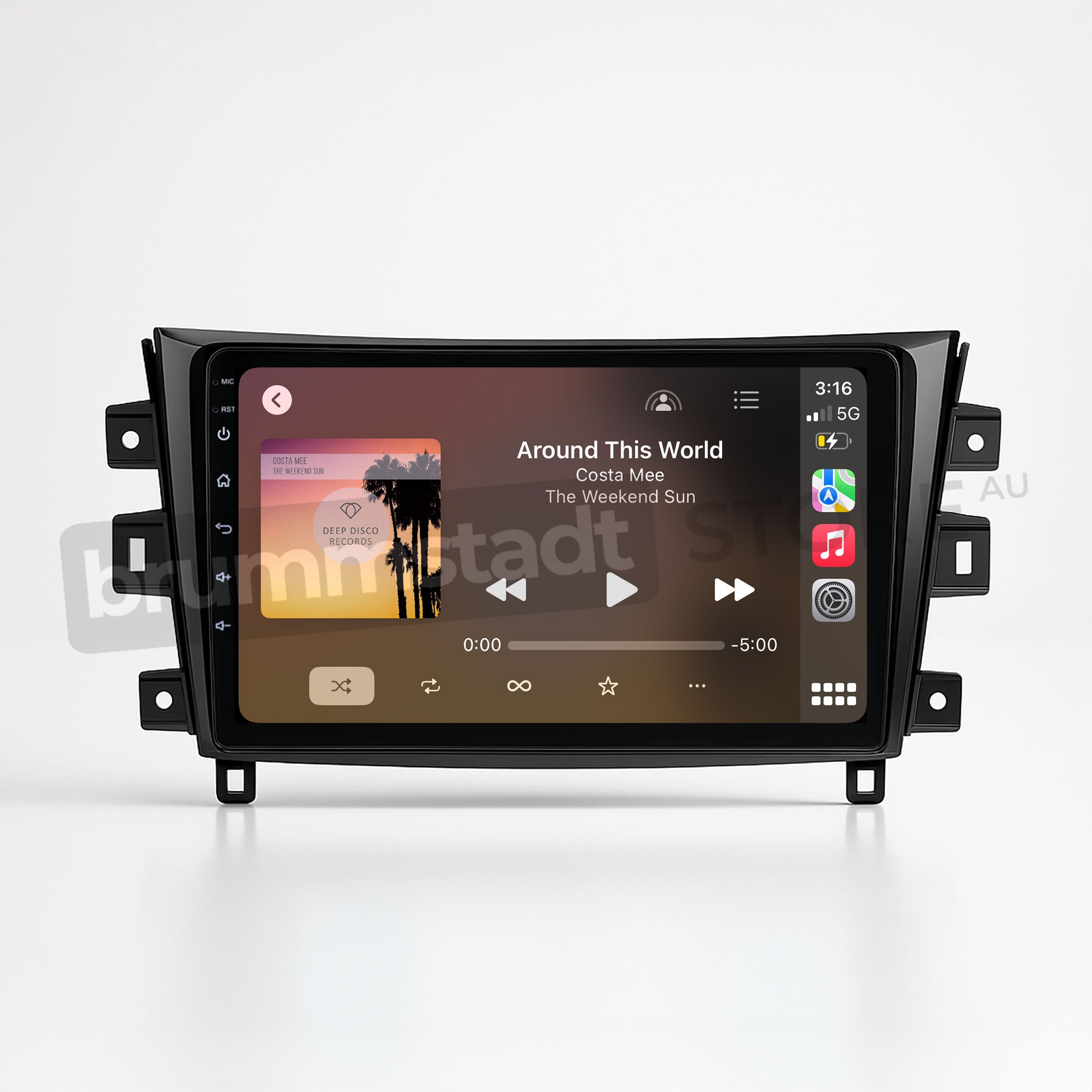 Brummstadt, Nissan Navara 2015, Nissan Navara 2015, Apple CarPlay interface, music app displaying "Around This World" by Costa Mee, album art with sunset and palm trees, play/pause button, forward/backward controls, volume slider, time 3:16, signal strength, battery level, clock, user-friendly layout, premium infotainment system, seamless Apple CarPlay integration, Brummstadt.