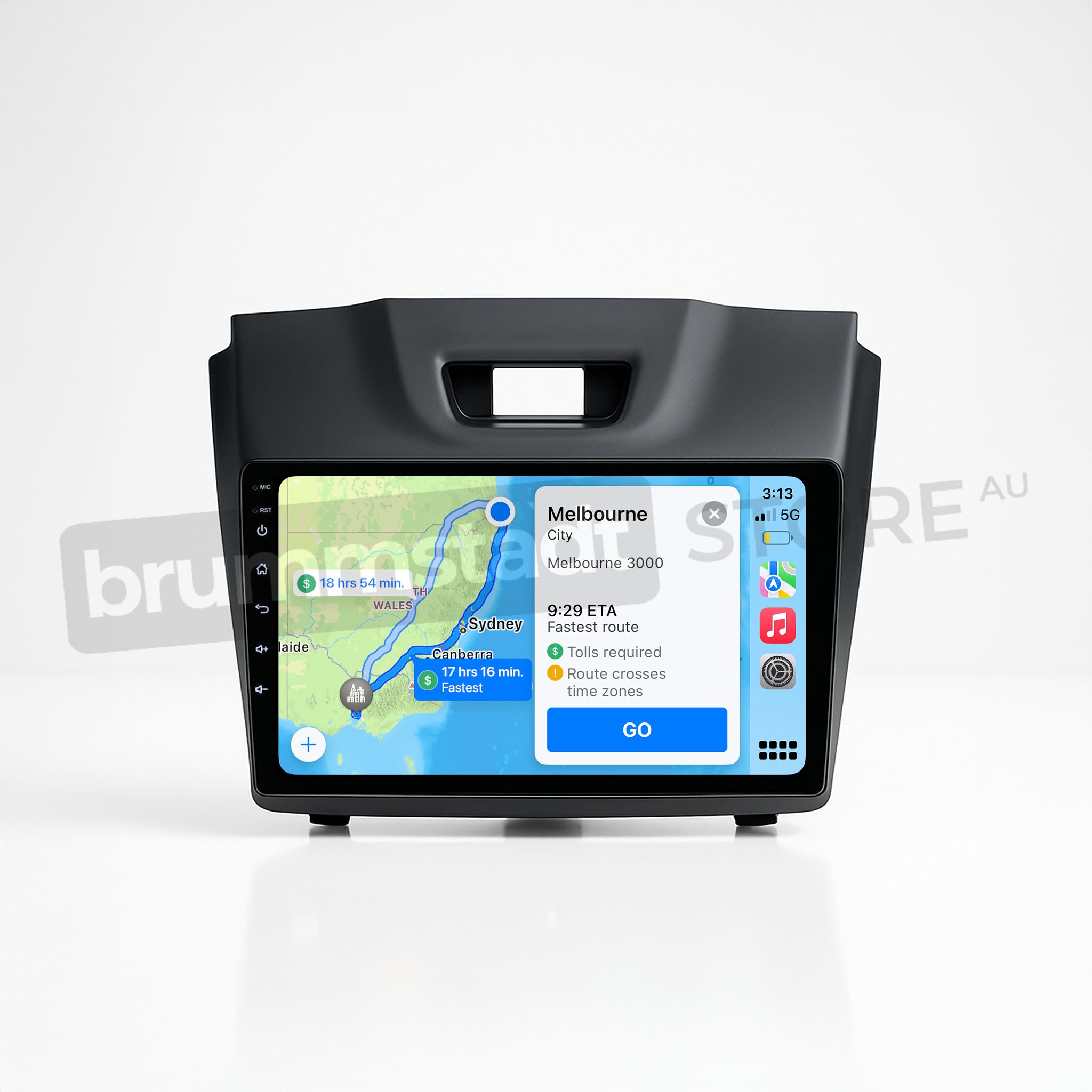 Brummstadt, Isuzu MU-X 2013-2021, featuring Apple CarPlay interface, Isuzu MU-X 2013-2021, displaying navigation map with route from Sydney to Melbourne, estimated time of arrival, and route details. Visible apps include Maps with a prominent "GO" button, time displayed as 3:13, and network signal icon. The sleek design enhances user experience with intuitive touch controls and seamless connectivity options.