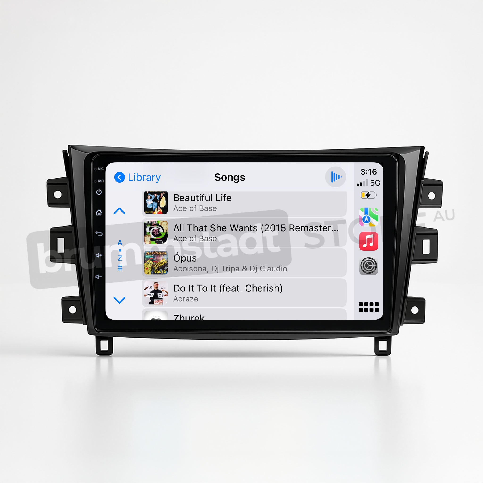 Brummstadt, Nissan Navara 2015-2020, premium head unit upgrade kit, displaying Apple CarPlay interface, Nissan Navara 2015-2020, featuring music library with songs like "Beautiful Life" by Ace of Base, "All That She Wants," and more, visible icons for library, playlist, and song details, top-right corner showing time, signal strength, and battery status, sleek design enhancing user experience.