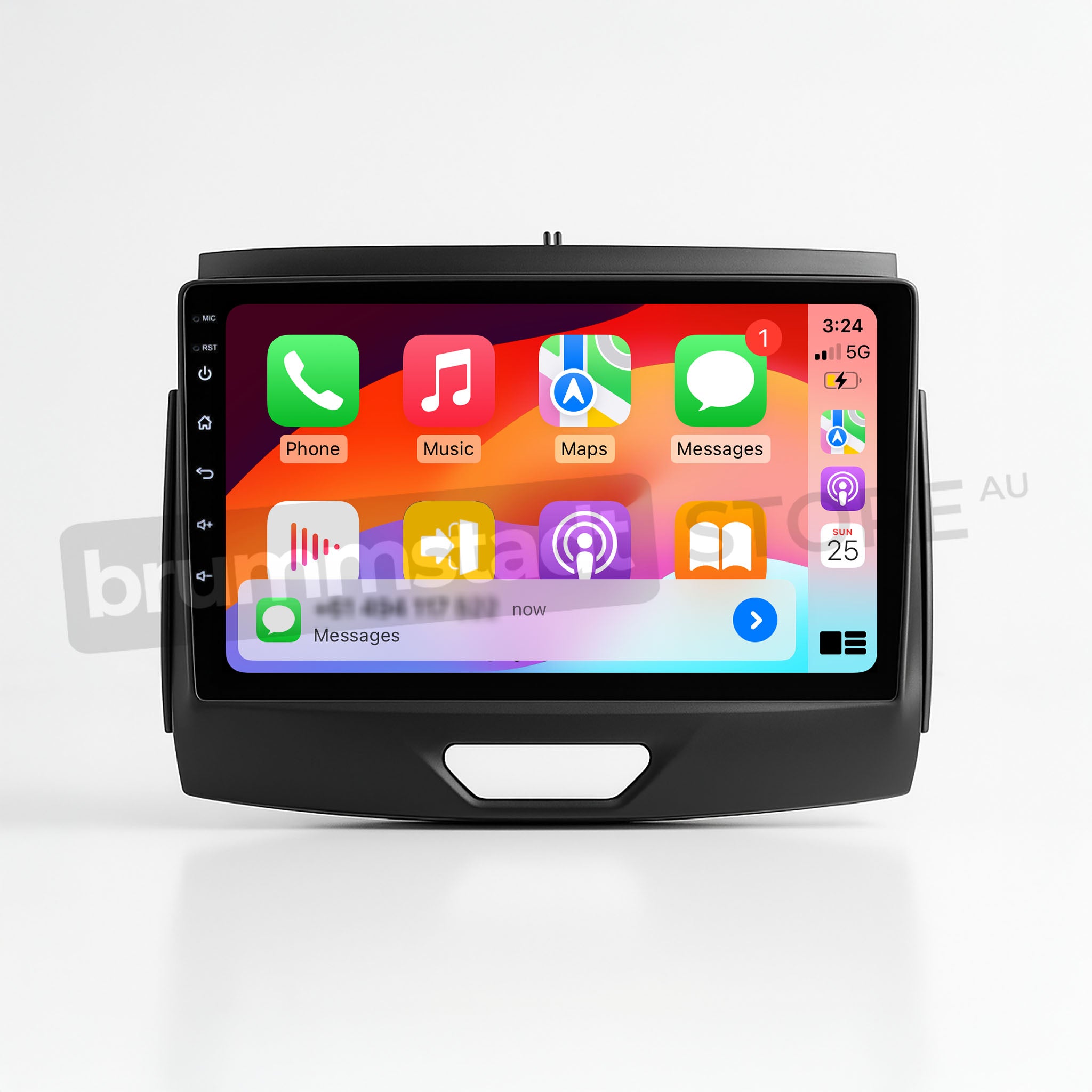 Brummstadt, Ford Ranger 2015-2022, premium head unit displaying Apple CarPlay interface, featuring Phone, Music, Maps, Messages apps, time 3:24, signal strength, battery status, and home button. Ford Ranger 2015-2022, sleek design with vibrant icons, user-friendly layout, enhancing driving experience with seamless connectivity and intuitive controls, Brummstadt upgrade kit.