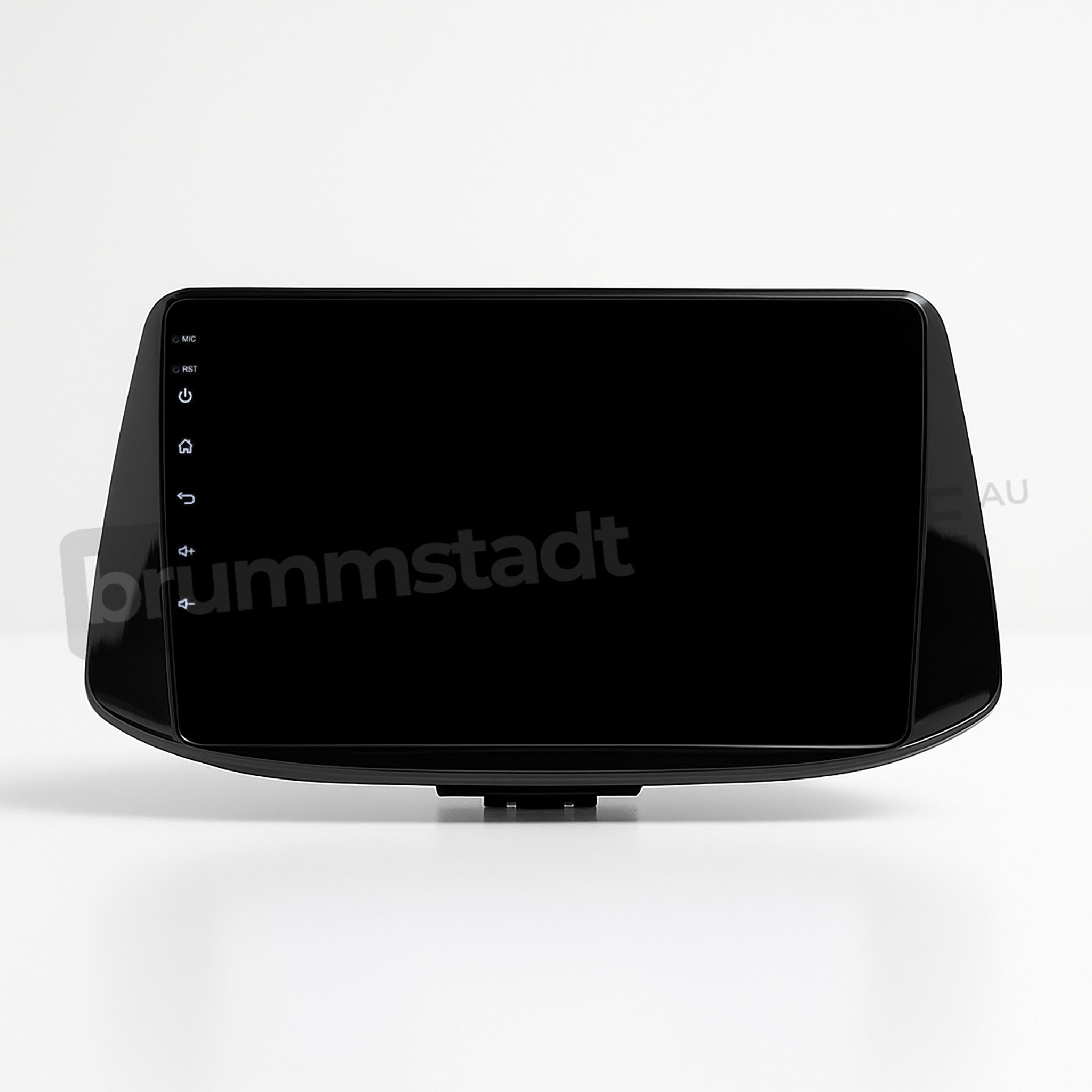 Brummstadt, Hyundai i30 2017-2022, factory dashboard, Hyundai i30, Brummstadt, sleek black infotainment display, no visible UI elements, potential for Apple CarPlay and Android Auto, minimalistic design, glossy finish, no active screen content, focus on hardware aesthetics, integration-ready for advanced connectivity features, user-friendly interface potential, streamlined for modern automotive interiors.
