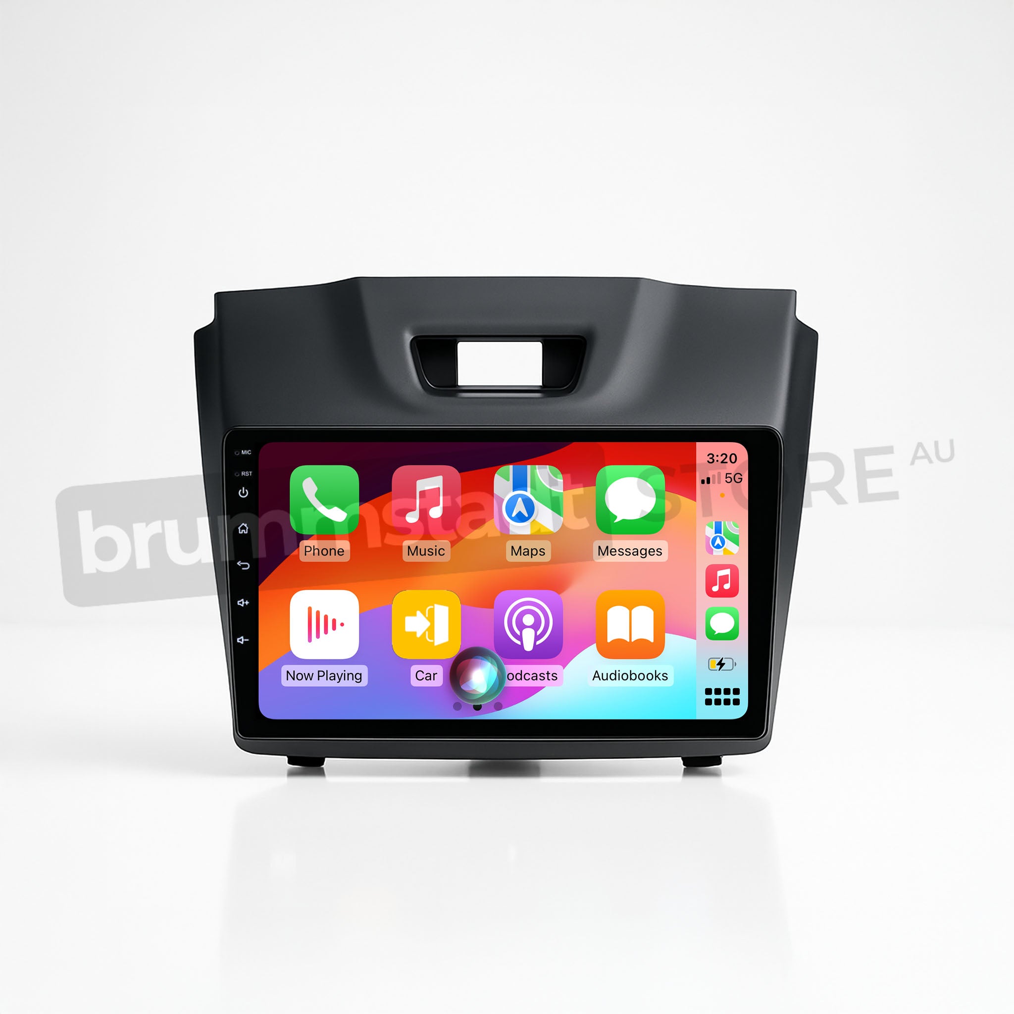 Brummstadt, Isuzu MU-X 2013-2021, featuring Apple CarPlay interface, showcasing apps like Phone, Music, Maps, Messages, Podcasts, and Audiobooks. The screen displays vibrant app icons with a time display of 3:20 and a signal strength indicator. Notable features include a user-friendly layout with both wired and wireless connectivity options, enhancing the infotainment experience for Isuzu MU-X 2013-2021 owners.