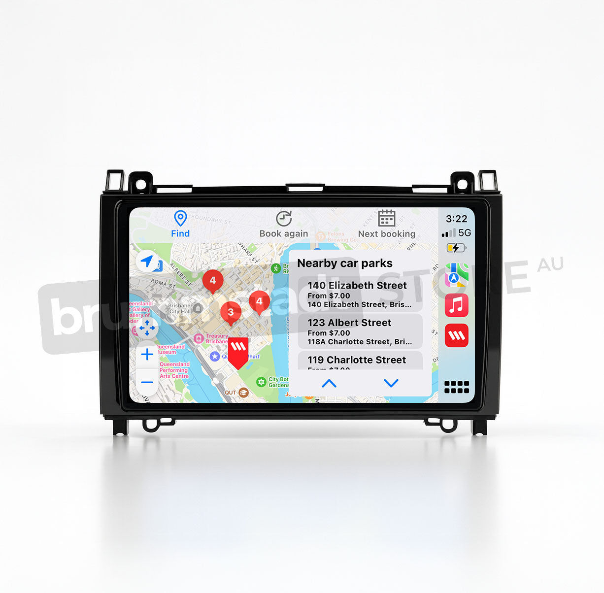 Brummstadt, Mercedes Benz Sprinter 2007-2018, Apple CarPlay interface, displaying map with nearby car parks, search results for 140 Elizabeth Street, 123 Albert Street, 173 Charlotte Street, 119 Charlotte Street, time 3:22, 5G network, battery icon, navigation and search options, Mercedes Benz Sprinter 2007-2018, Brummstadt, user-friendly interface, premium infotainment, seamless navigation experience.