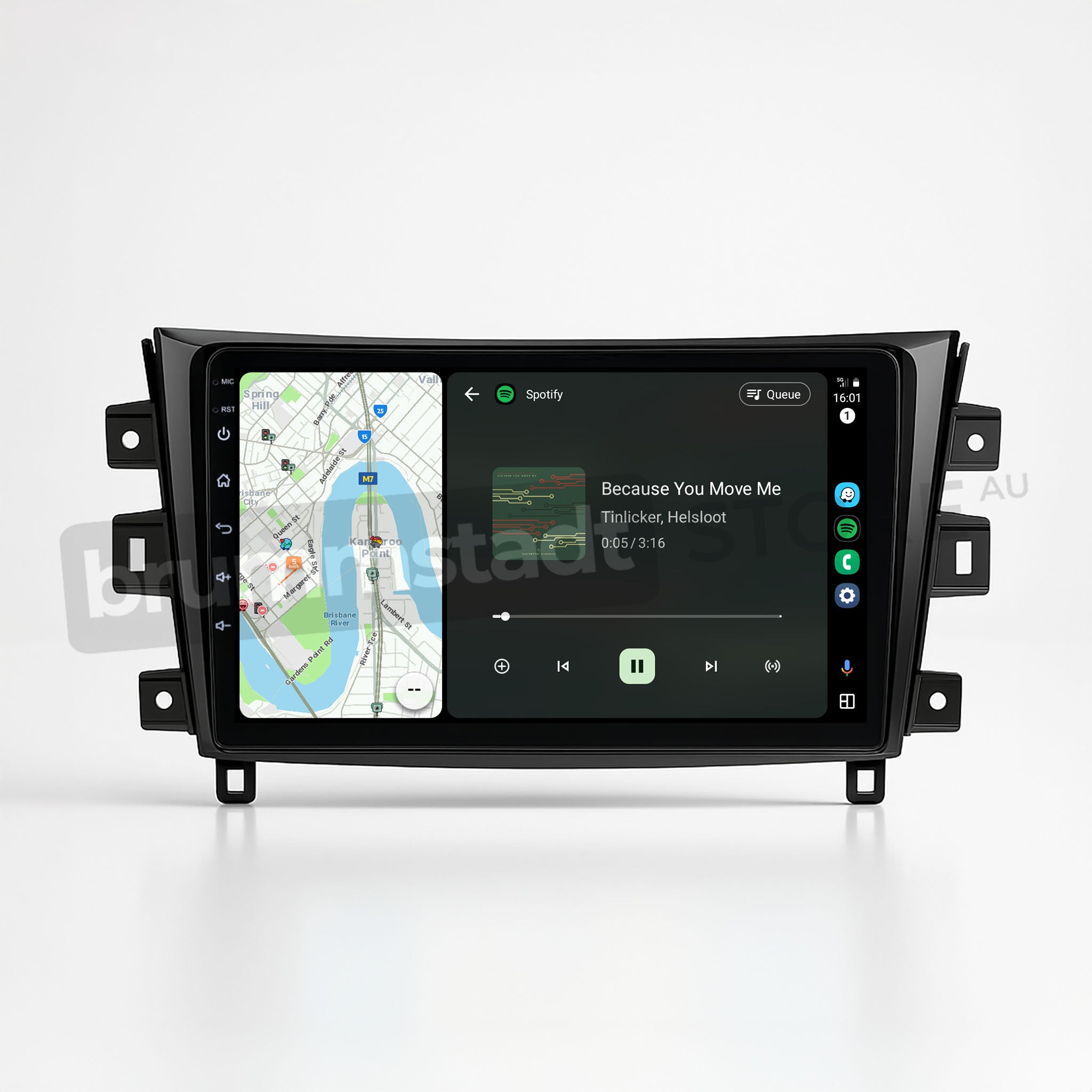 Brummstadt, Nissan Navara 2015-2020, Android Auto interface, displaying Google Maps and Spotify apps side by side, navigation route on map, music track "Because You Move Me" by Tinlicker & Helsloot playing, time 16:01, network and battery icons visible, sleek infotainment system, user-friendly layout, enhancing driving experience with seamless connectivity, Nissan Navara 2015-2020, premium upgrade.