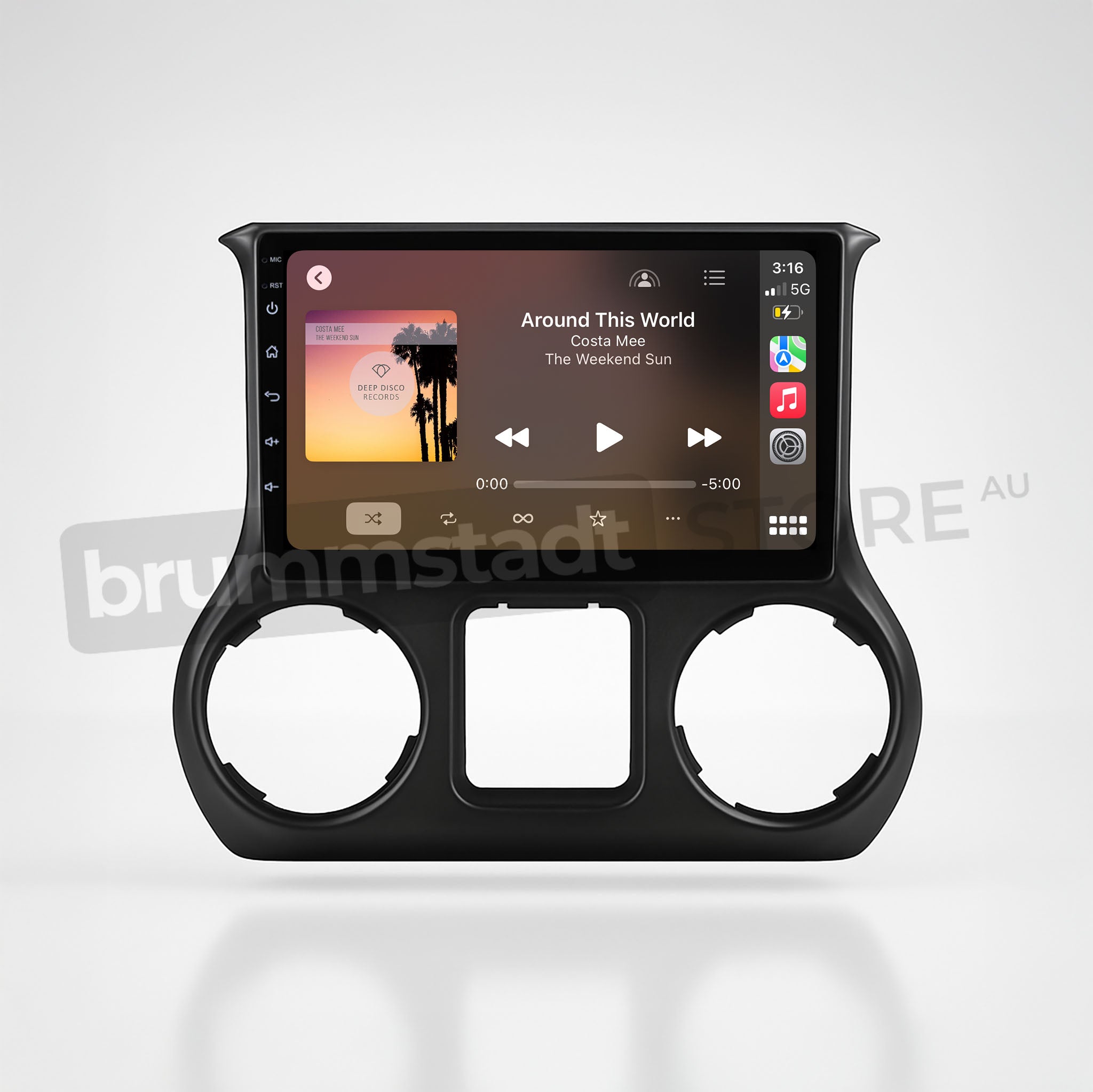 Brummstadt, Jeep Wrangler 2015-2019, showcasing an advanced head unit with Apple CarPlay interface. The display features a music app playing "Around This World" by Costa Mee, with album art visible. Time displayed is 3:16, and the interface includes play/pause, forward, and backward controls. The sleek design integrates seamlessly with the Jeep Wrangler, offering a modern infotainment experience with intuitive touch controls.