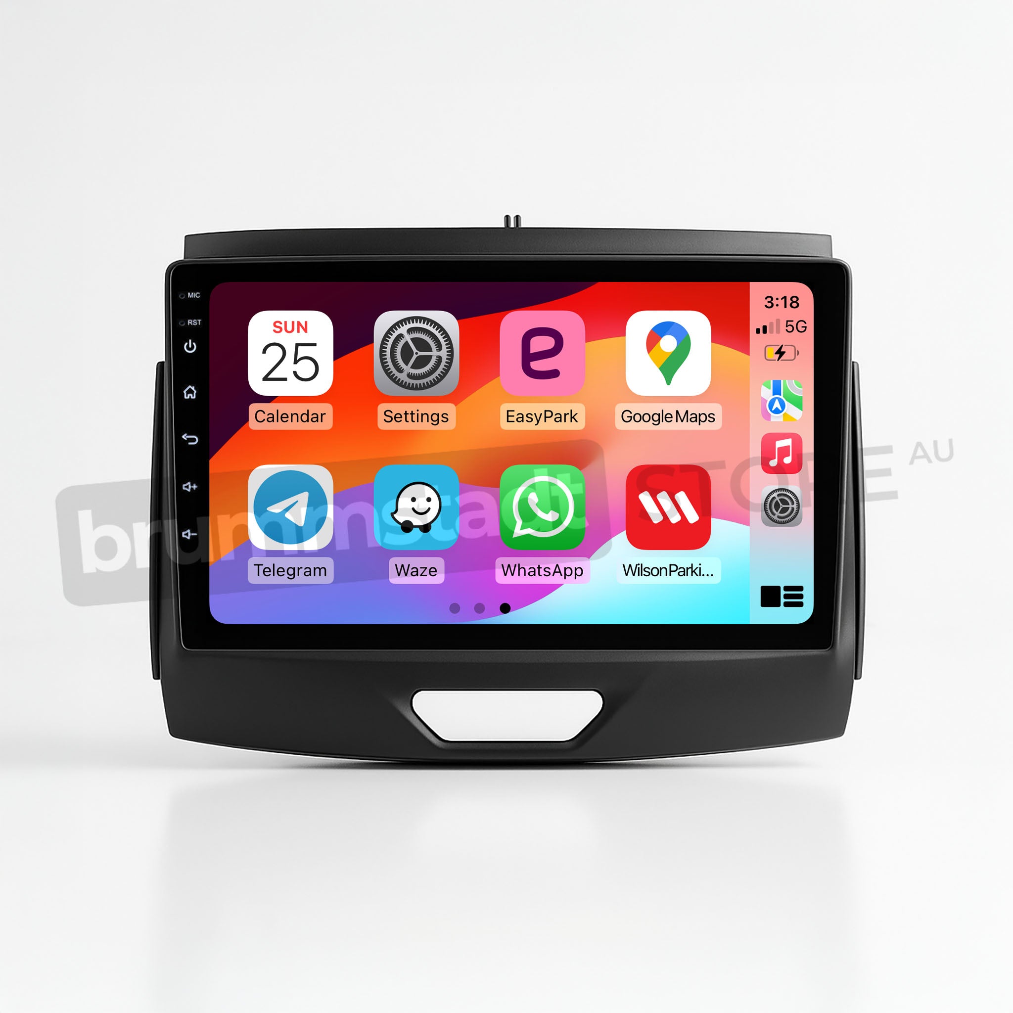 Brummstadt, Ford Ranger 2015-2022, showcasing Apple CarPlay interface, Ford Ranger 2015-2022, features apps like Calendar, Settings, EasyPark, Google Maps, Telegram, Waze, WhatsApp, and WilsonParking, with a clear layout displaying time (3:18), date (Sun 25), and vibrant app icons, emphasizing user-friendly navigation and connectivity options, perfect for enhancing driving experience with seamless smartphone integration.