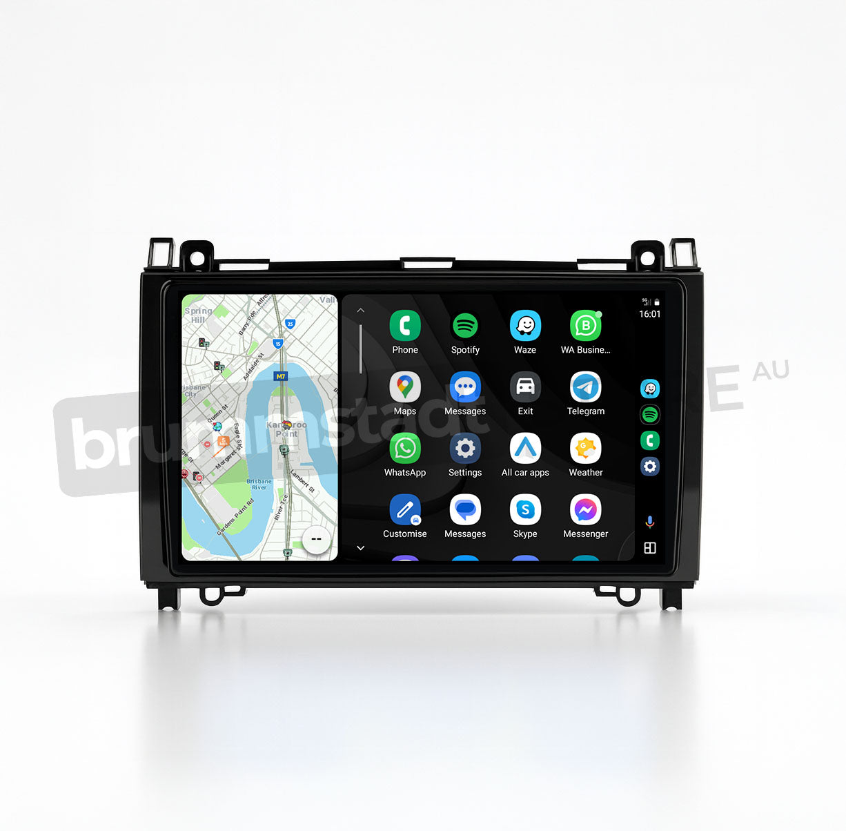 Brummstadt, Mercedes Benz Sprinter 2007-2018, Android Auto interface, featuring Google Maps navigation, Spotify, WhatsApp, and other apps. Display shows a split-screen with map on the left and app icons on the right. Visible icons include Google Maps, Spotify, WhatsApp, Settings, and Messages. Time displayed as 14:01. User-friendly layout with clear app access, enhancing driving experience in Mercedes Benz Sprinter.