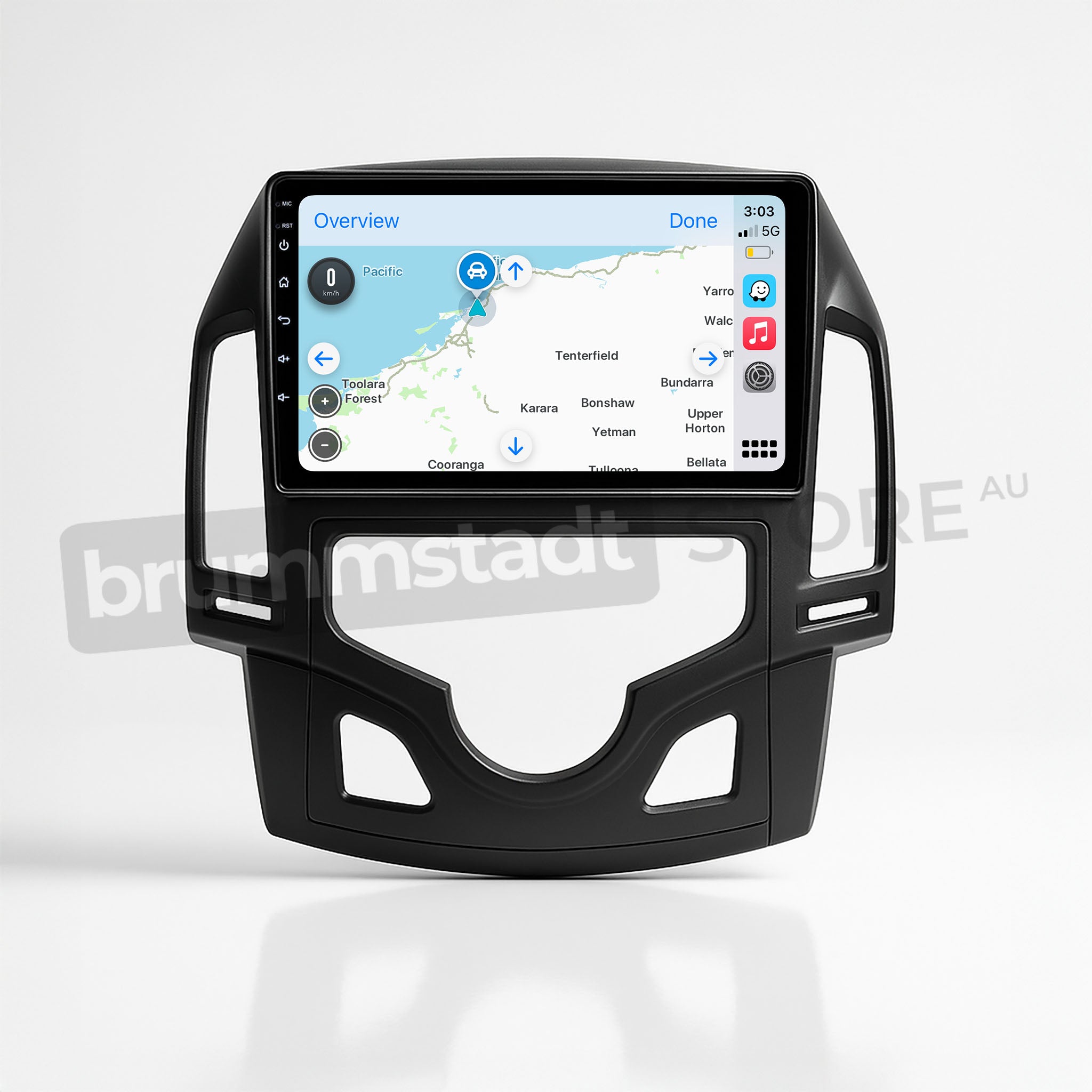 Brummstadt, Hyundai i30 2007-2012, premium head unit upgrade kit featuring Apple CarPlay, Hyundai i30 2007-2012, visible UI showing Apple Maps with route overview, time 3:03, 5G network signal, battery status, app icons including Phone, Music, Maps, Messages, Now Playing, Podcasts, Audiobooks, and Settings, sleek black frame design, user-friendly interface, ideal for seamless smartphone integration and enhanced driving experience.