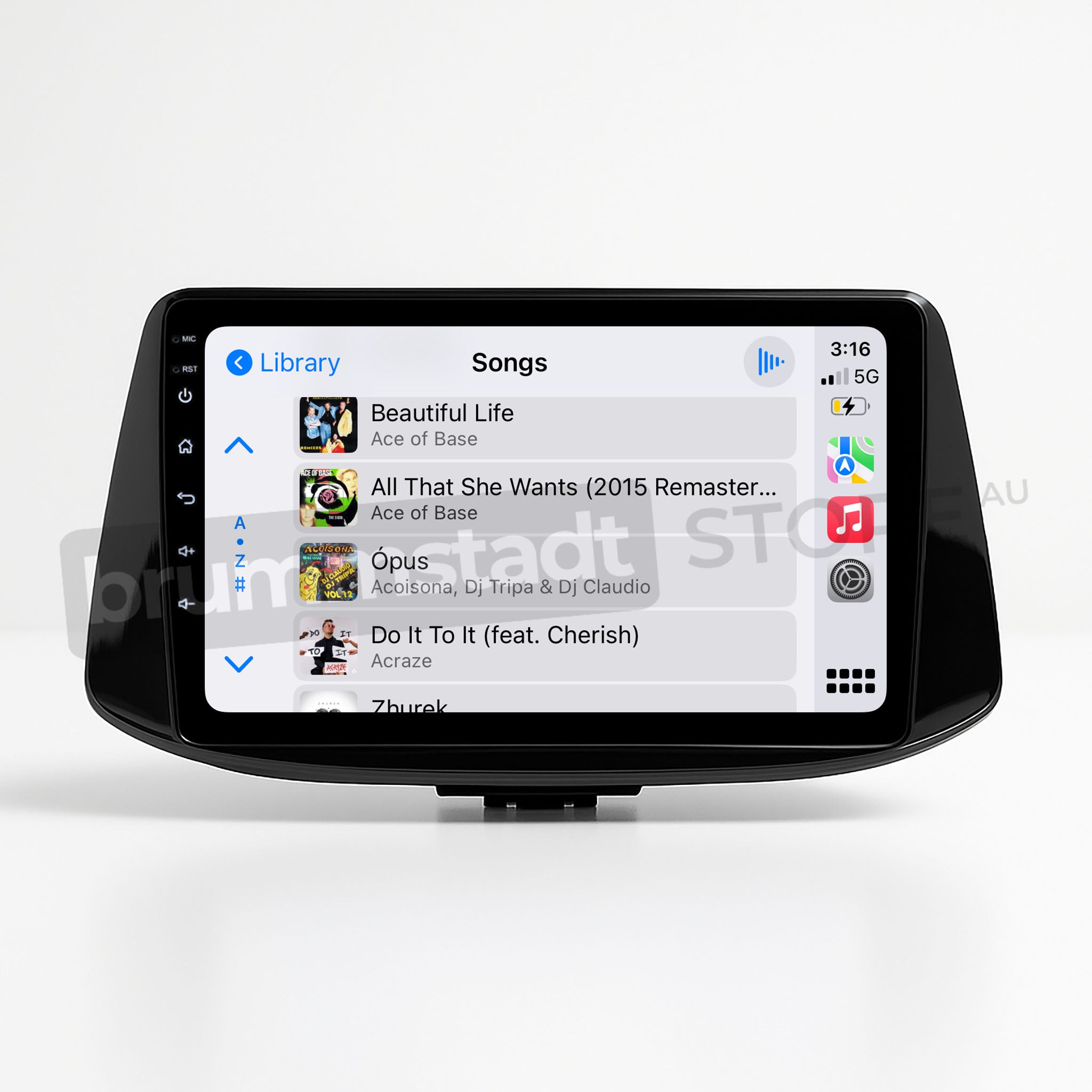 Brummstadt, Hyundai i30 2017-2022, showcasing Apple CarPlay interface, Hyundai i30 2017-2022, featuring music library with song list including "Beautiful Life" by Ace of Base, time displayed as 3:16, icons for phone, music, maps, messages, and settings visible, user-friendly layout, seamless integration, enhancing driving experience with intuitive controls and connectivity options.