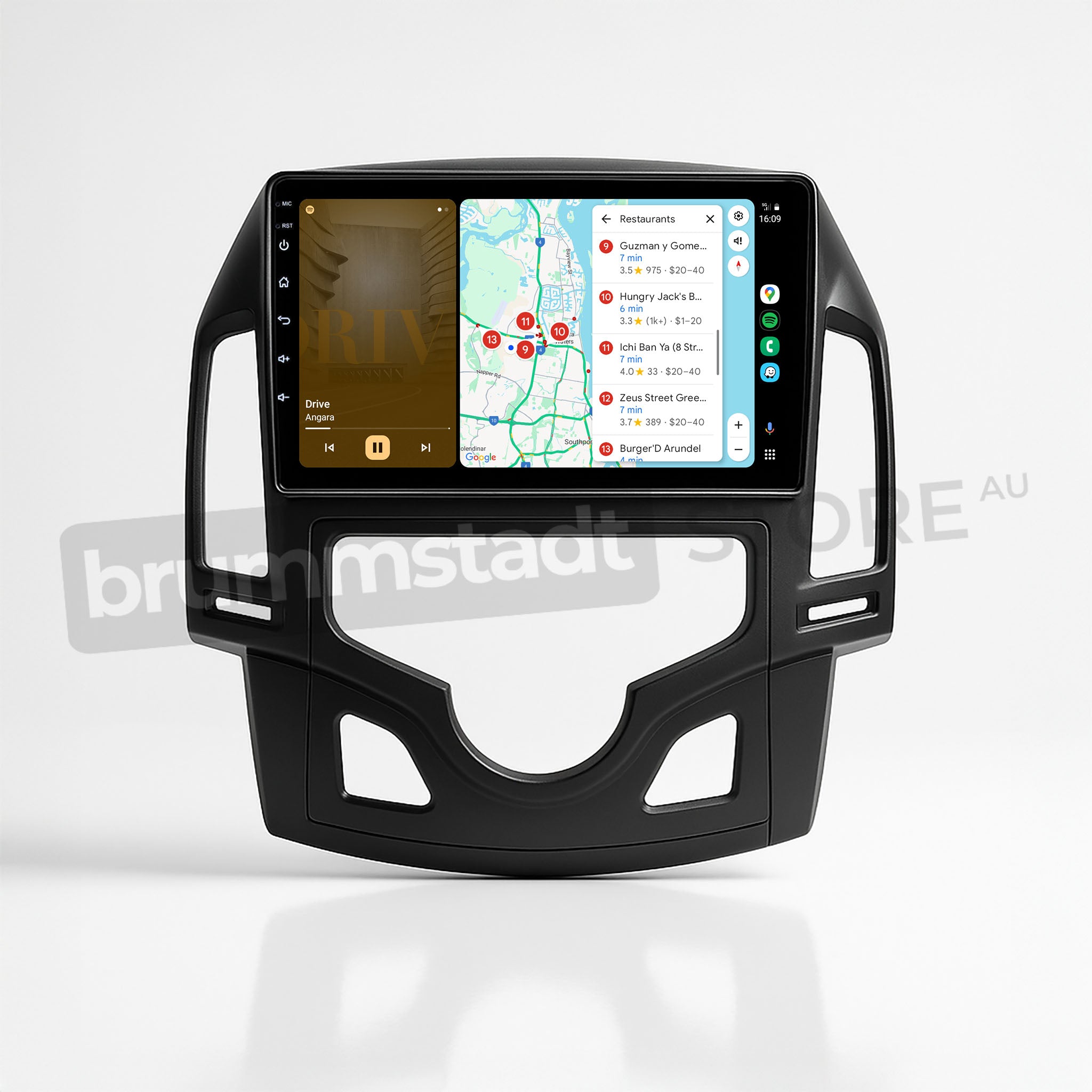 Brummstadt, Hyundai i30 2007-2012, Hyundai i30 2007-2012, Apple CarPlay interface with navigation map displaying route and nearby restaurants, music player interface with song title and artist, sleek black frame, touch screen with clear icons, user-friendly layout, ideal for seamless connectivity and enhanced driving experience, premium infotainment system upgrade.