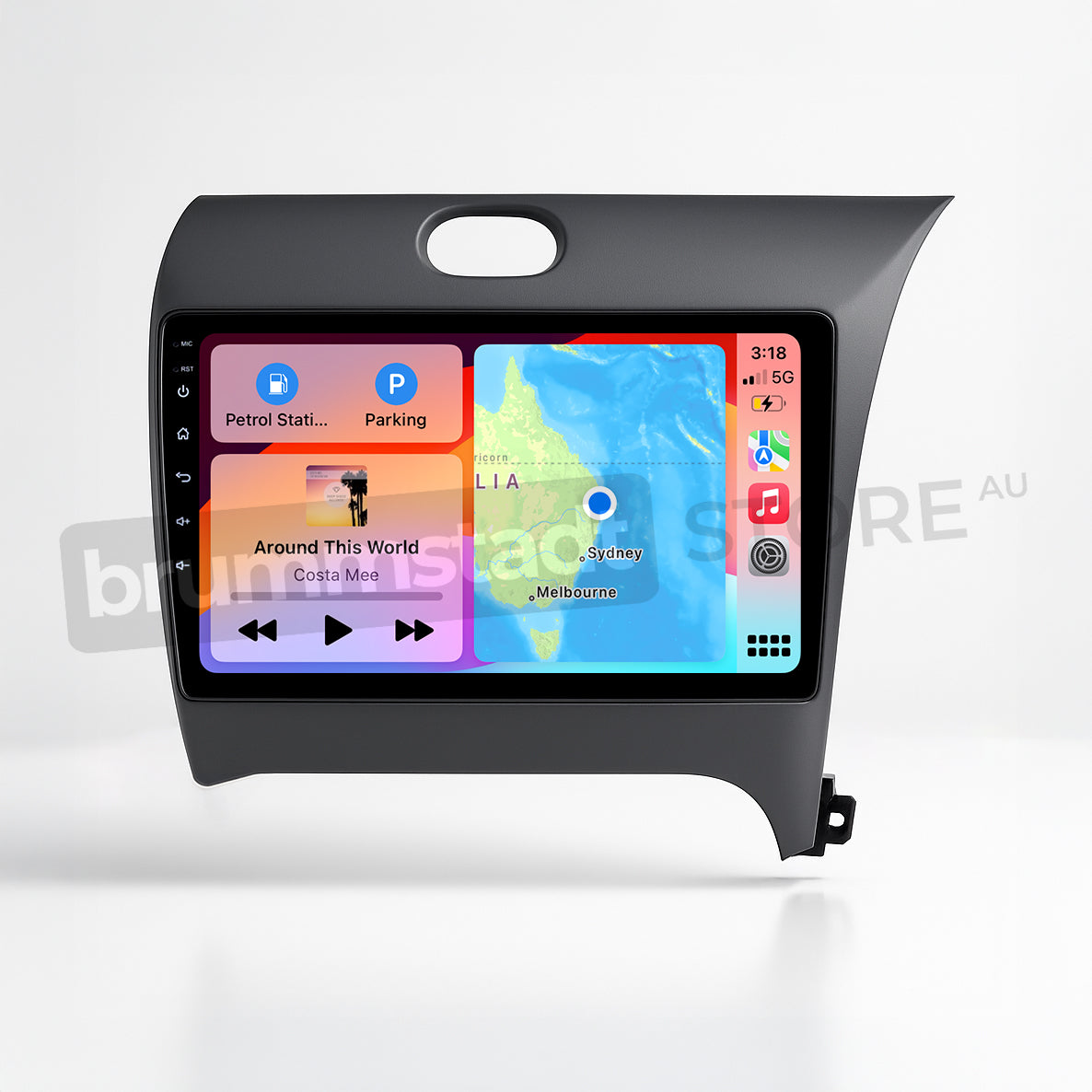 Brummstadt, Kia Cerato 2013-2018, showcasing Apple CarPlay interface, Kia Cerato 2013-2018, featuring a vibrant display with apps like Maps, Music, and Parking. The screen shows a map of Sydney, time at 3:18, and 5G network status. Notable features include easy navigation through touch interface, music control, and clear app icons, enhancing user experience with seamless connectivity and intuitive design.