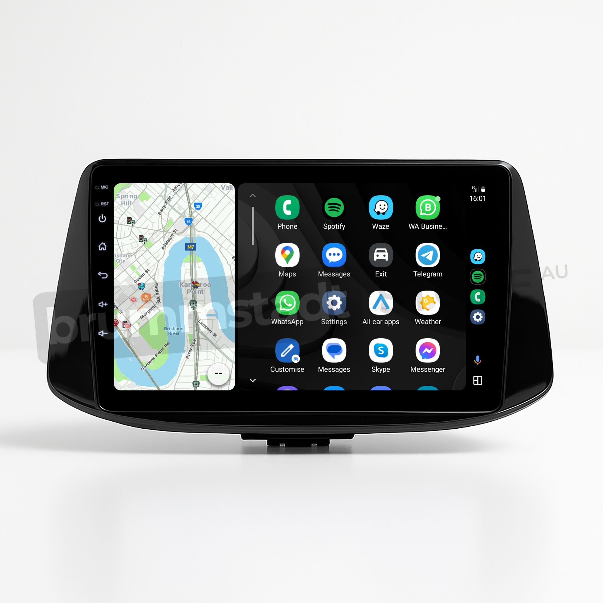 Brummstadt, Hyundai i30 2017-2022, Android Auto interface, Hyundai i30, featuring Maps, Spotify, Waze, WhatsApp, Messages, Phone, Settings, and Messenger apps, displayed on a sleek touchscreen. Time shown as 16:01, with clear app icons for easy navigation. The layout emphasizes user-friendly access to essential functions, enhancing driving experience with seamless connectivity and intuitive controls.