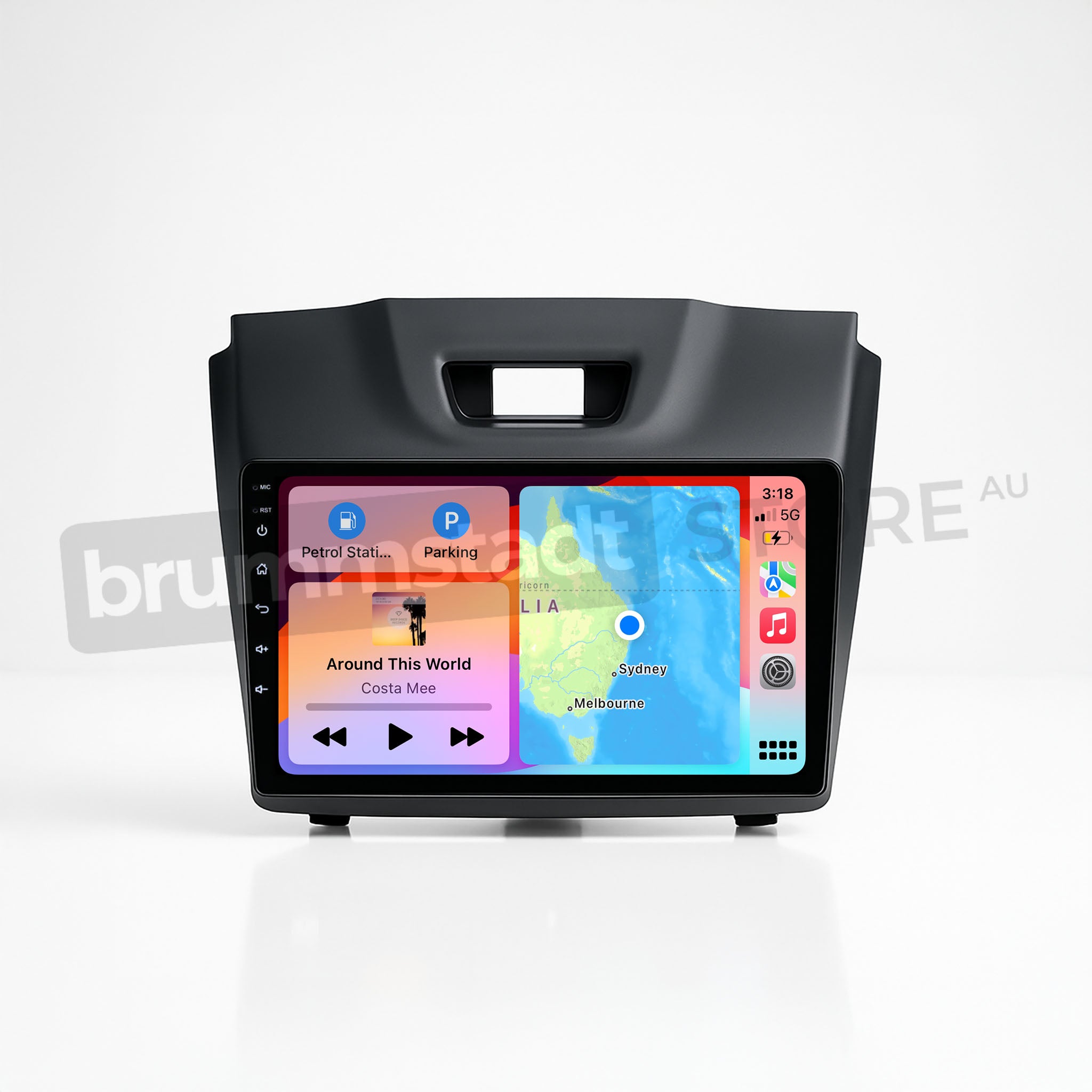 Brummstadt, Isuzu MU-X 2013-2021, premium head unit displaying Apple CarPlay interface, featuring Maps, Music, and Home icons, vibrant display with time 3:18, 5G network, full battery, Costa Mee song playing, intuitive layout, user-friendly navigation, seamless integration, Isuzu MU-X, Brummstadt.
