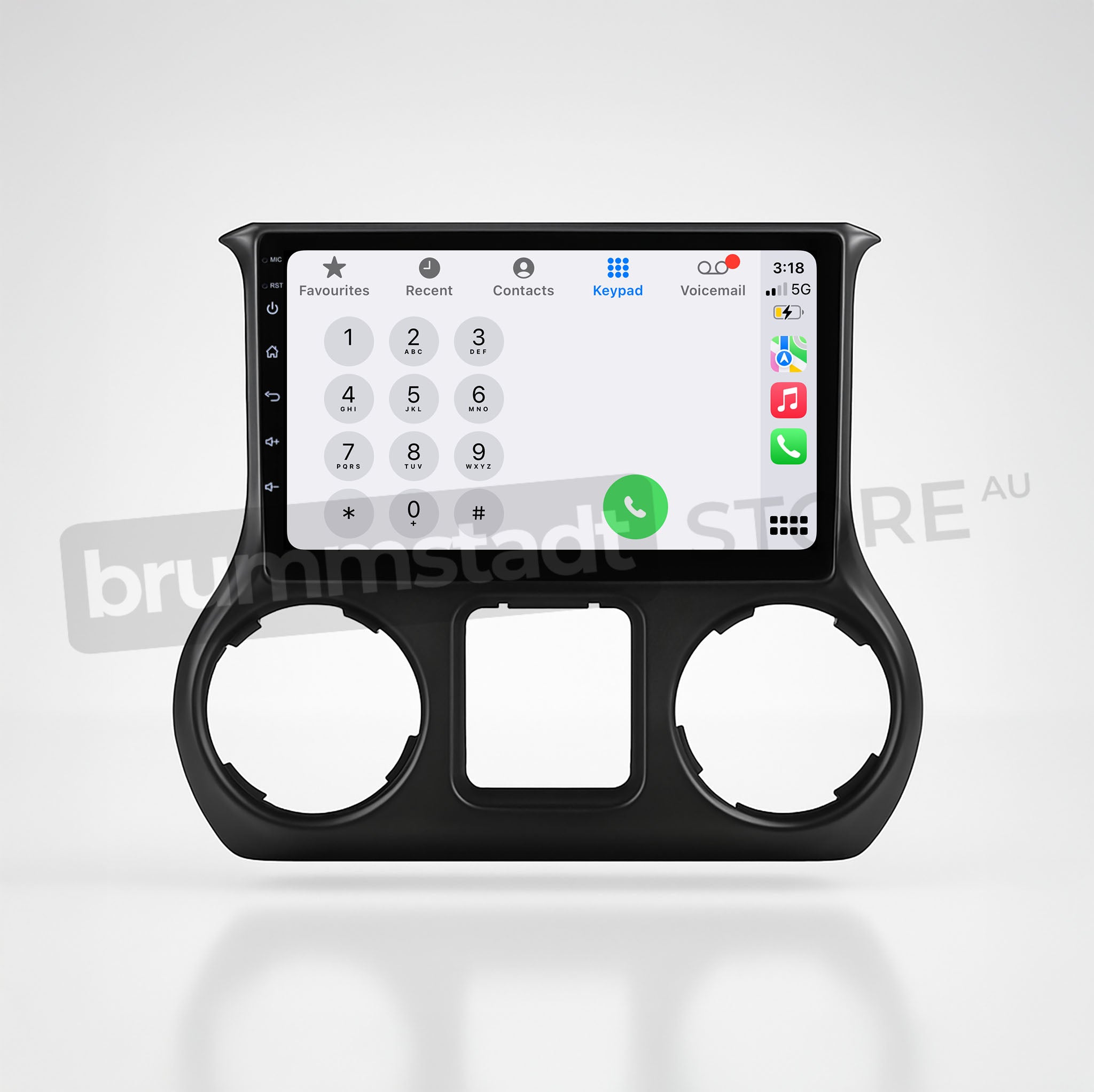 Brummstadt, Jeep Wrangler 2015-2019, premium head unit upgrade kit featuring Apple CarPlay, Jeep Wrangler 2015-2019, displaying keypad interface with favorites, recent calls, contacts, and voicemail icons, time 3:18, battery and network status visible, user-friendly design for seamless connectivity, enhancing driving experience with intuitive touch controls and clear display.
