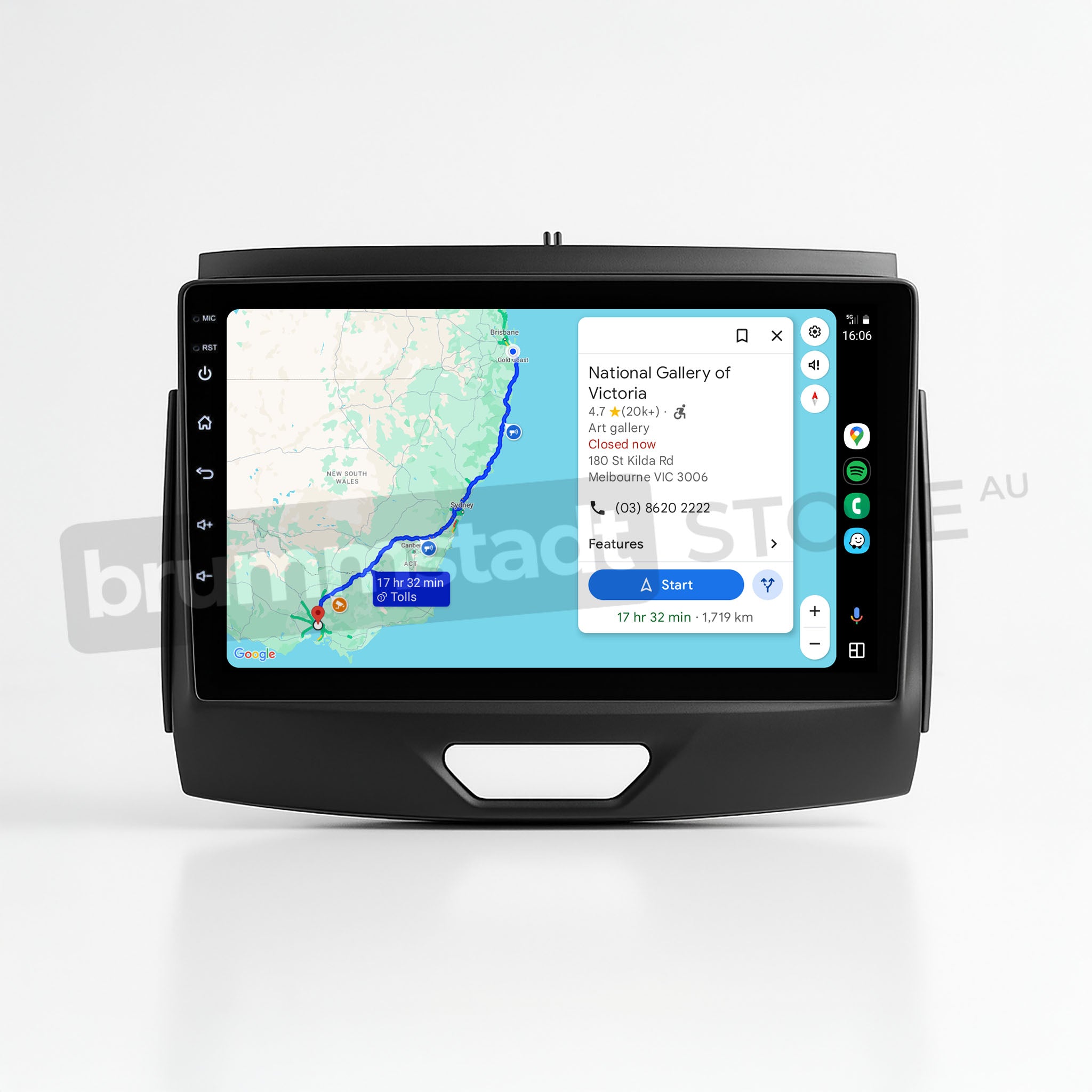 Brummstadt, Ford Ranger 2015-2022, head unit displaying Apple CarPlay interface, Ford Ranger 2015-2022, featuring a navigation map with route to National Gallery of Victoria, icons for phone, music, and messaging apps visible, time displayed as 16:06, signal strength and battery level indicators present, sleek design with user-friendly layout, enhancing driving experience with seamless connectivity and infotainment options.