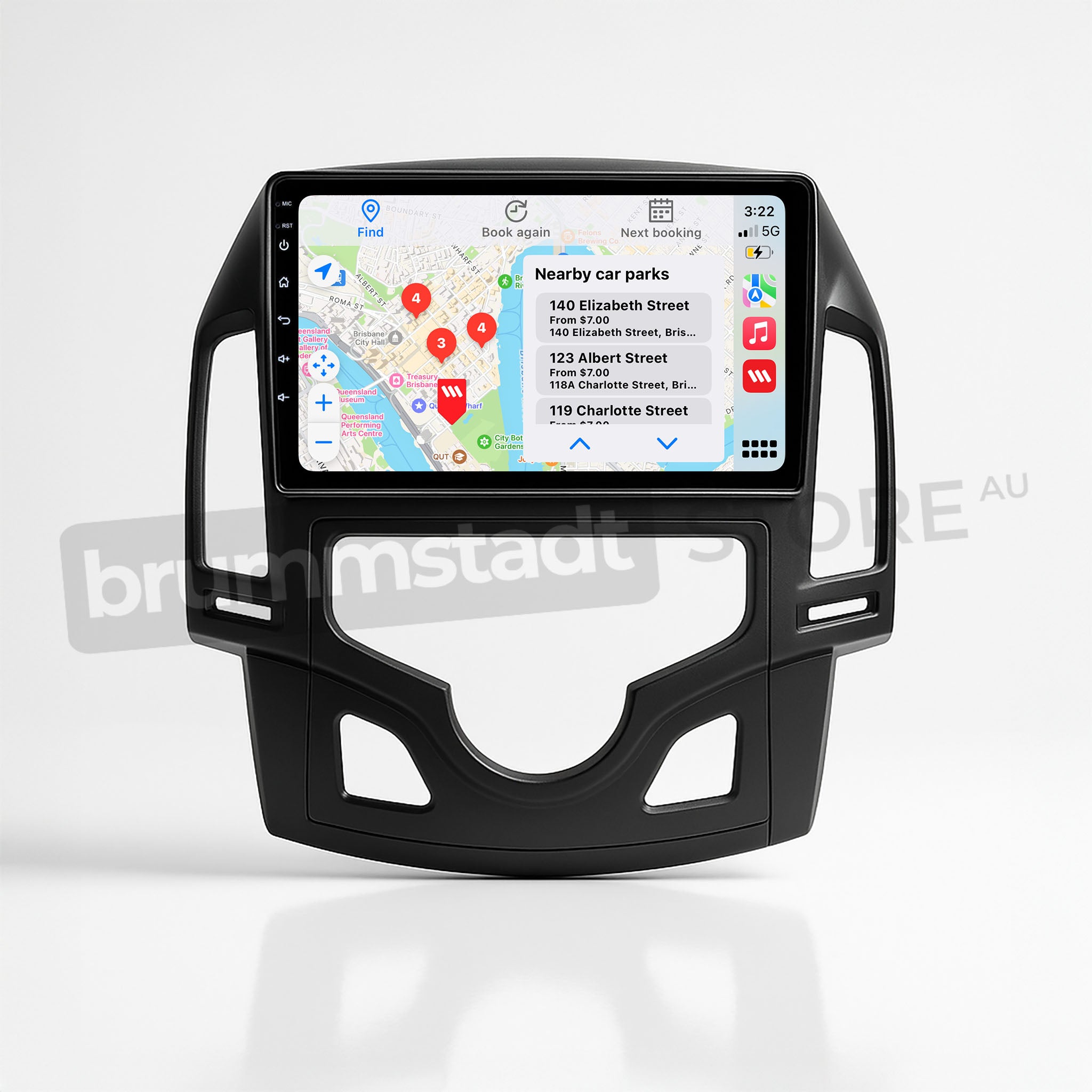 Brummstadt, Hyundai i30 2007-2012, featuring Apple CarPlay interface, Hyundai i30 2007-2012, displaying Maps app with nearby car parks, search bar, and navigation options. Visible icons include phone, music, and settings. Time displayed as 3:22, with clear layout for easy access to essential apps. Ideal for enhancing driving experience with seamless smartphone integration.