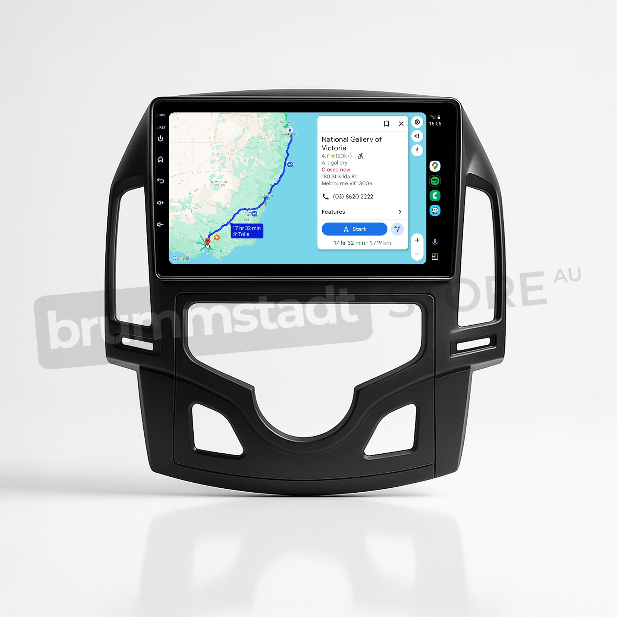Brummstadt, Hyundai i30 2007-2012, Hyundai i30 2007-2012, Apple CarPlay interface displayed, featuring a map with route to National Gallery of Victoria, current location marked, estimated time and distance shown, clear navigation interface, sleek black frame, user-friendly layout, ideal for seamless connectivity, enhancing driving experience with modern infotainment features.