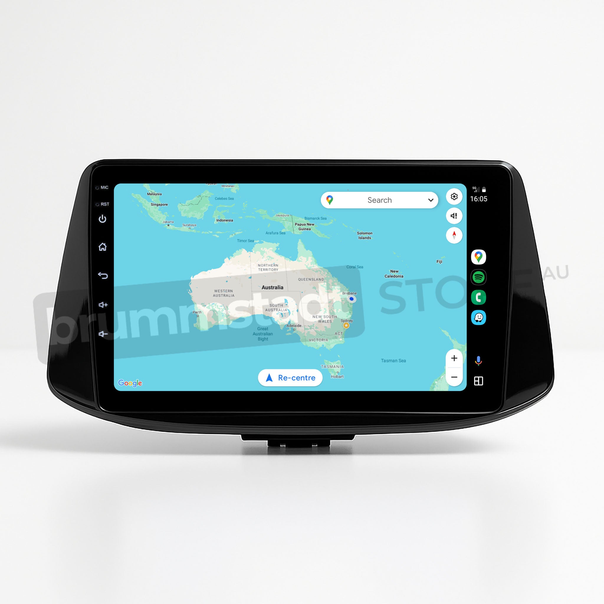 Brummstadt, Hyundai i30 2017-2022, Hyundai i30 2017-2022, Android Auto interface displayed, featuring Google Maps app with Australia map view, search bar at top, time 16:05, app icons on right side including Maps, Phone, and Music, clear layout for easy navigation, designed for seamless user experience, enhancing driving convenience with hands-free control and real-time updates.