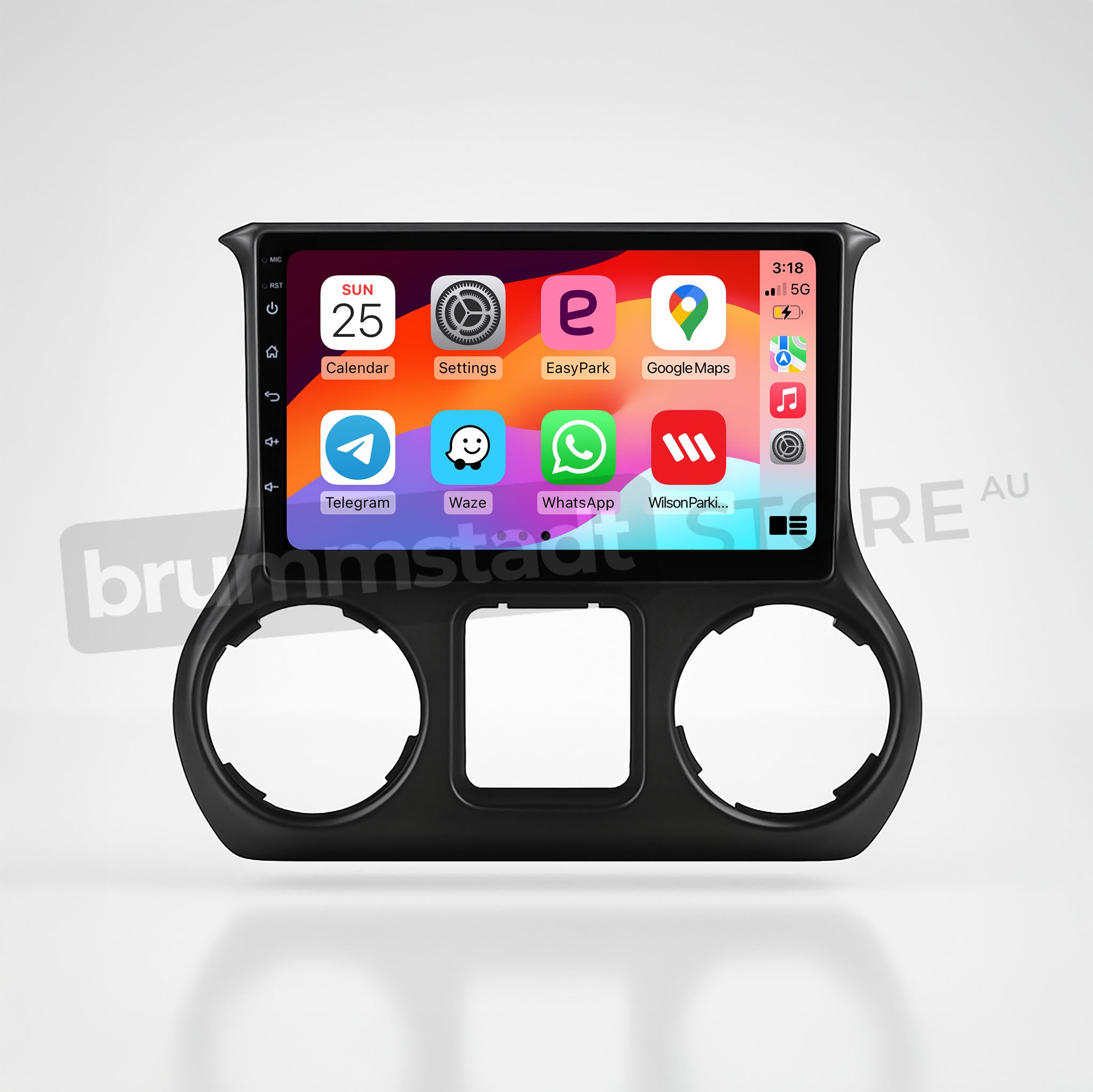 Brummstadt, Jeep Wrangler 2015-2019, features Apple CarPlay interface with apps like Calendar, Settings, EasyPark, Google Maps, Telegram, Waze, and WhatsApp. The display shows a colorful grid layout with app icons, a top status bar indicating time (3:18), and signal strength. The unit offers a modern infotainment experience, enhancing connectivity and navigation for Jeep Wrangler 2015-2019 owners.