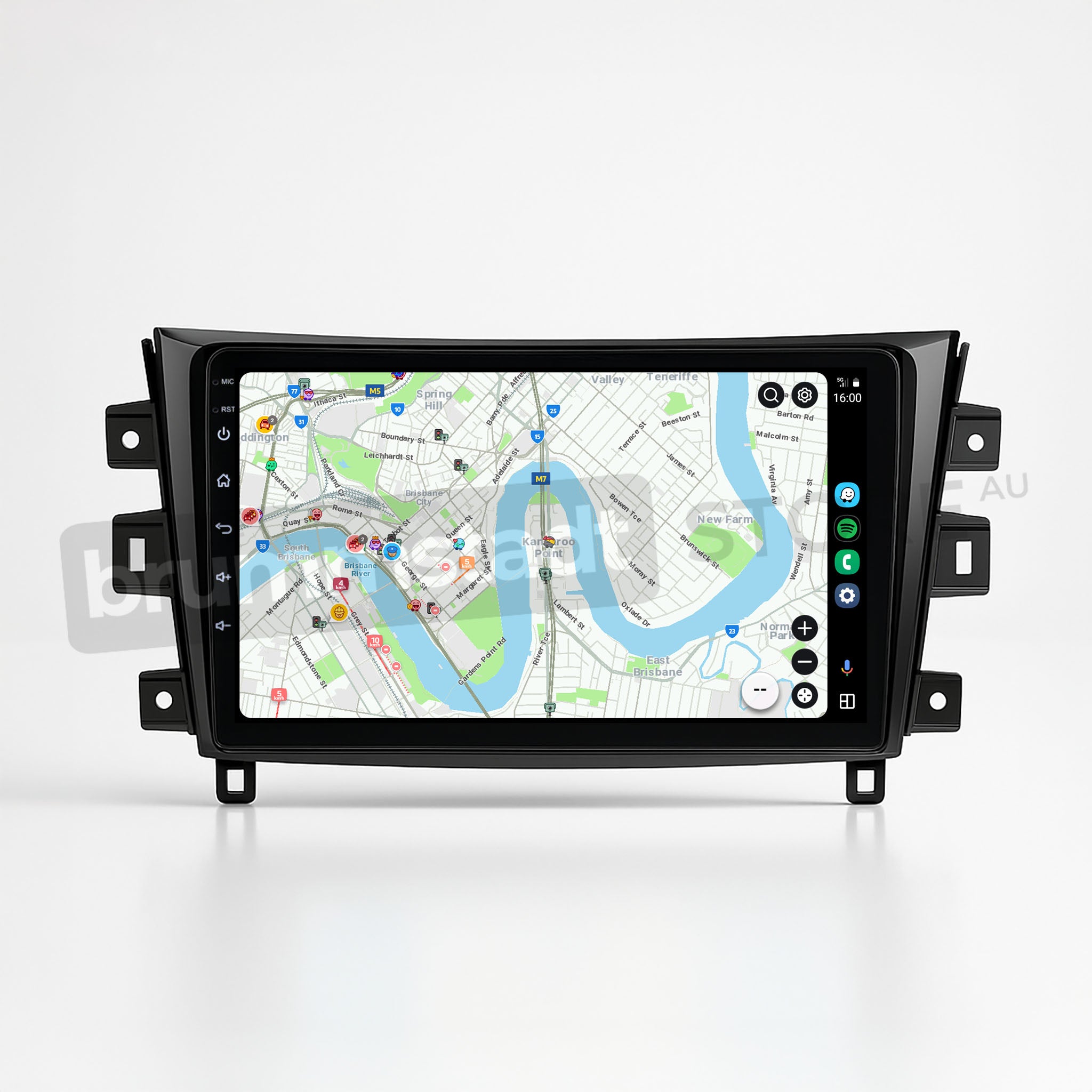 Brummstadt, Nissan Navara 2015, premium head unit upgrade kit featuring Apple CarPlay, displaying a detailed map interface with navigation routes, location markers, and a river crossing. The screen shows a clear layout with app icons on the side, current time at 16:00, and a network signal indicator. This infotainment system enhances driving experience with seamless smartphone integration, offering both wired and wireless connectivity options.