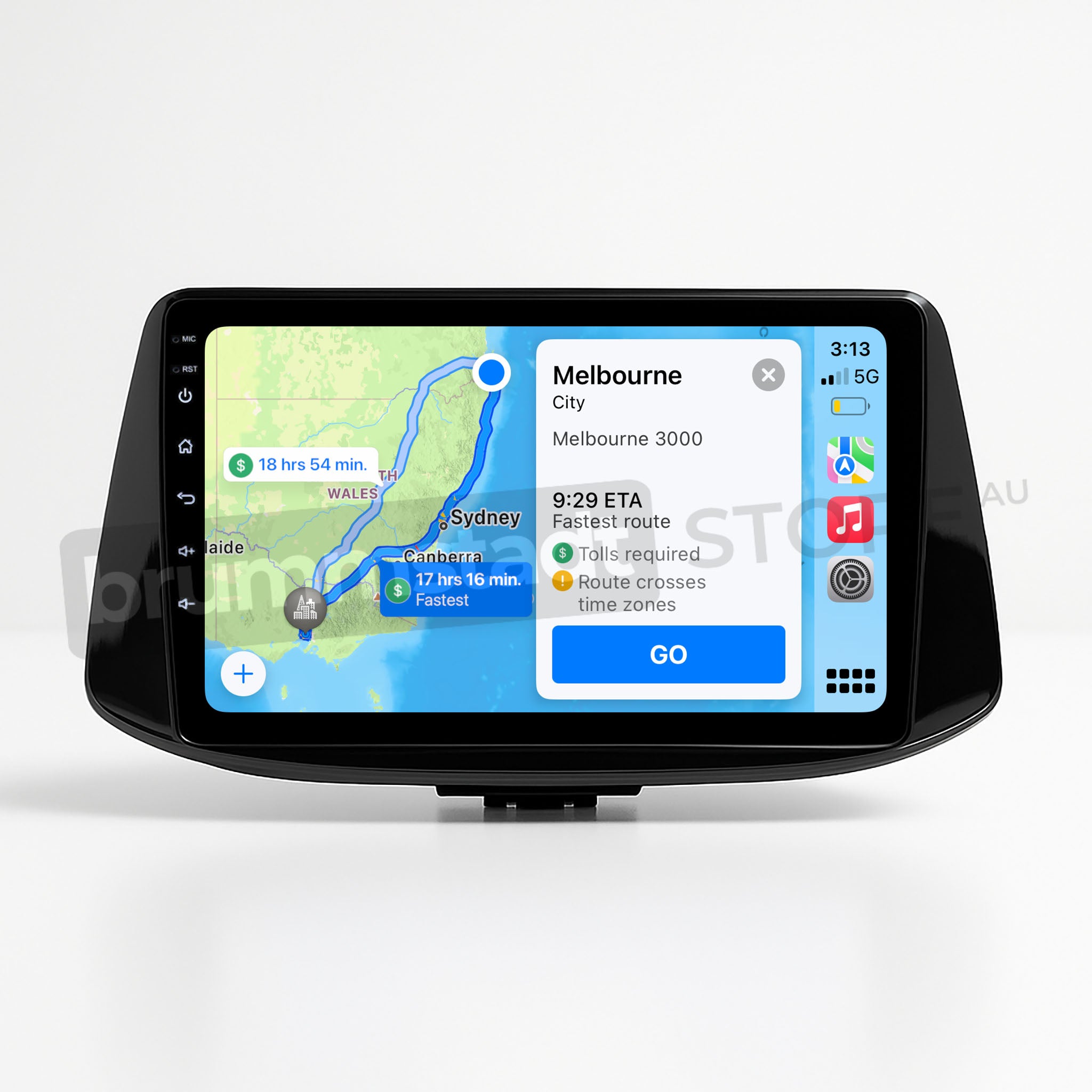 Brummstadt, Hyundai i30 2017-2022, showcasing Apple CarPlay interface with navigation app displaying route from Sydney to Melbourne, estimated time of arrival 9:29 ETA, and travel time 18 hrs 54 min. Visible icons include phone, music, and messaging apps. Time displayed as 3:13, with clear layout for user-friendly interaction. Hyundai i30 2017-2022, premium infotainment system, sleek design, enhances driving experience.