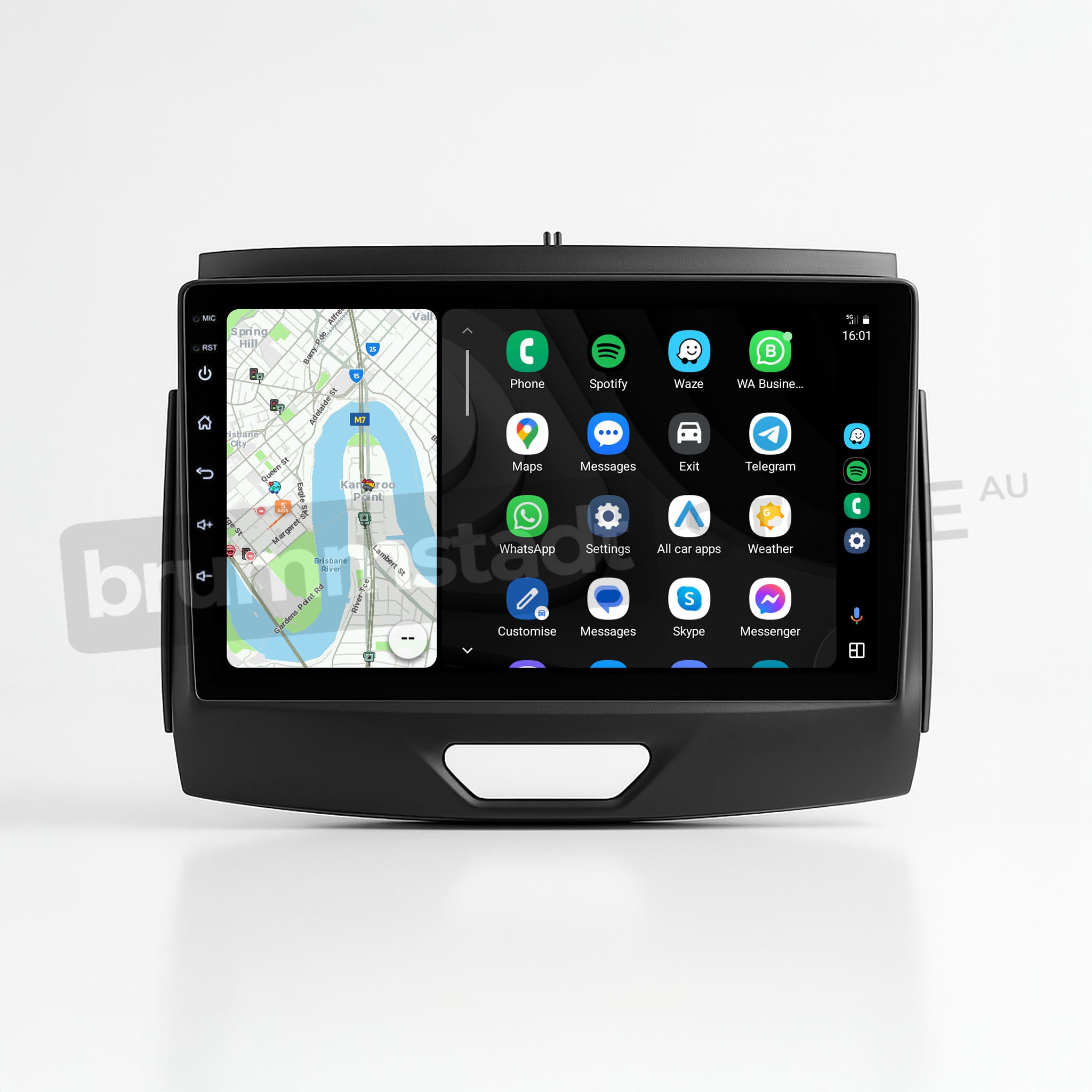 Brummstadt, Ford Ranger 2015-2022, showcasing Apple CarPlay interface, Ford Ranger 2015-2022, featuring Maps, Spotify, WA Business, Phone, and Telegram apps. The display shows a split-screen with navigation on the left and app icons on the right. Notable elements include time display at 16:01, network signal, and battery status. User-friendly layout with easy access to essential apps, enhancing driving experience with seamless connectivity.