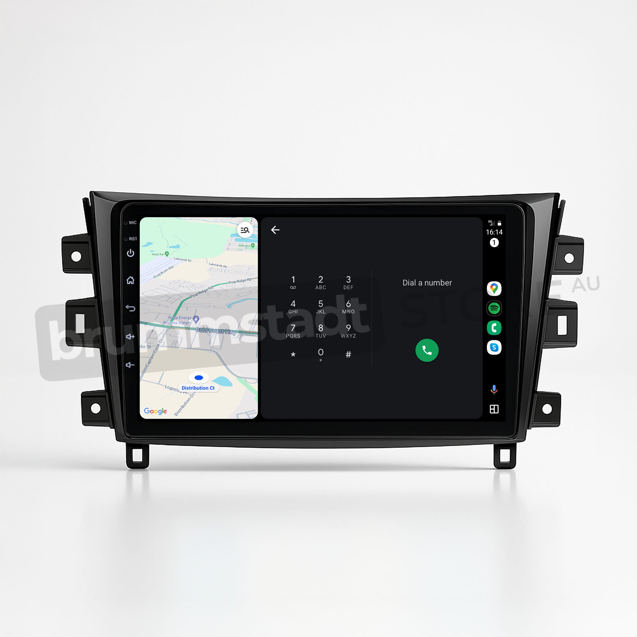 Brummstadt, Nissan Navara 2015-2020, Nissan Navara 2015-2020, Android Auto interface with Google Maps navigation on left, phone dialer on right, time 16:14, battery and network icons top right, sleek black frame, user-friendly layout, premium infotainment upgrade, wired and wireless connectivity options, enhancing driving experience with seamless integration, Brummstadt.