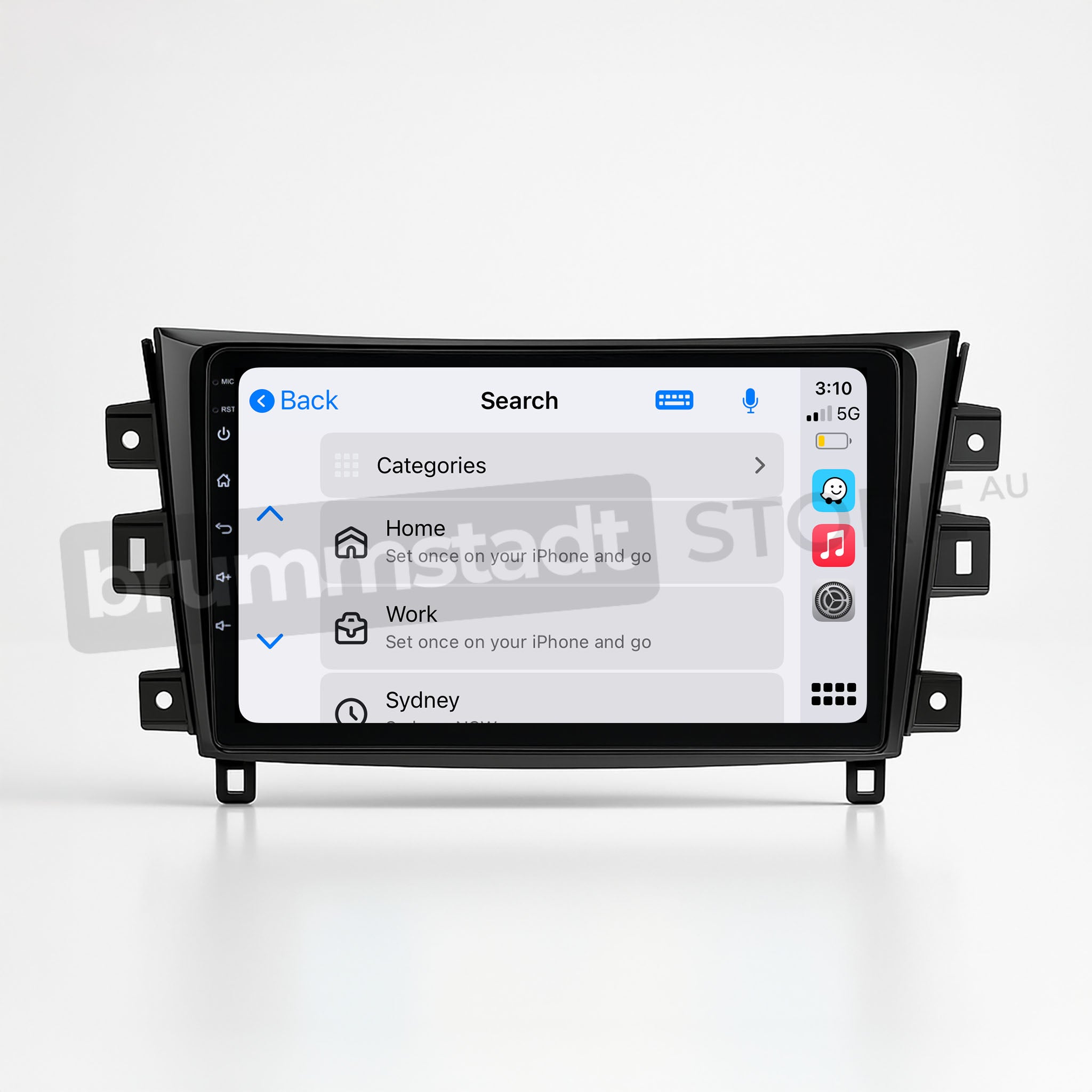 Brummstadt, Nissan Navara 2015, Apple CarPlay interface, Nissan Navara 2015, displaying search categories, icons for Home, Work, and Sydney, time 3:10, battery status 50%, Wi-Fi signal full, music app icon, clear and user-friendly layout, premium infotainment system upgrade, enhancing driving experience with seamless Apple CarPlay integration, Brummstadt.